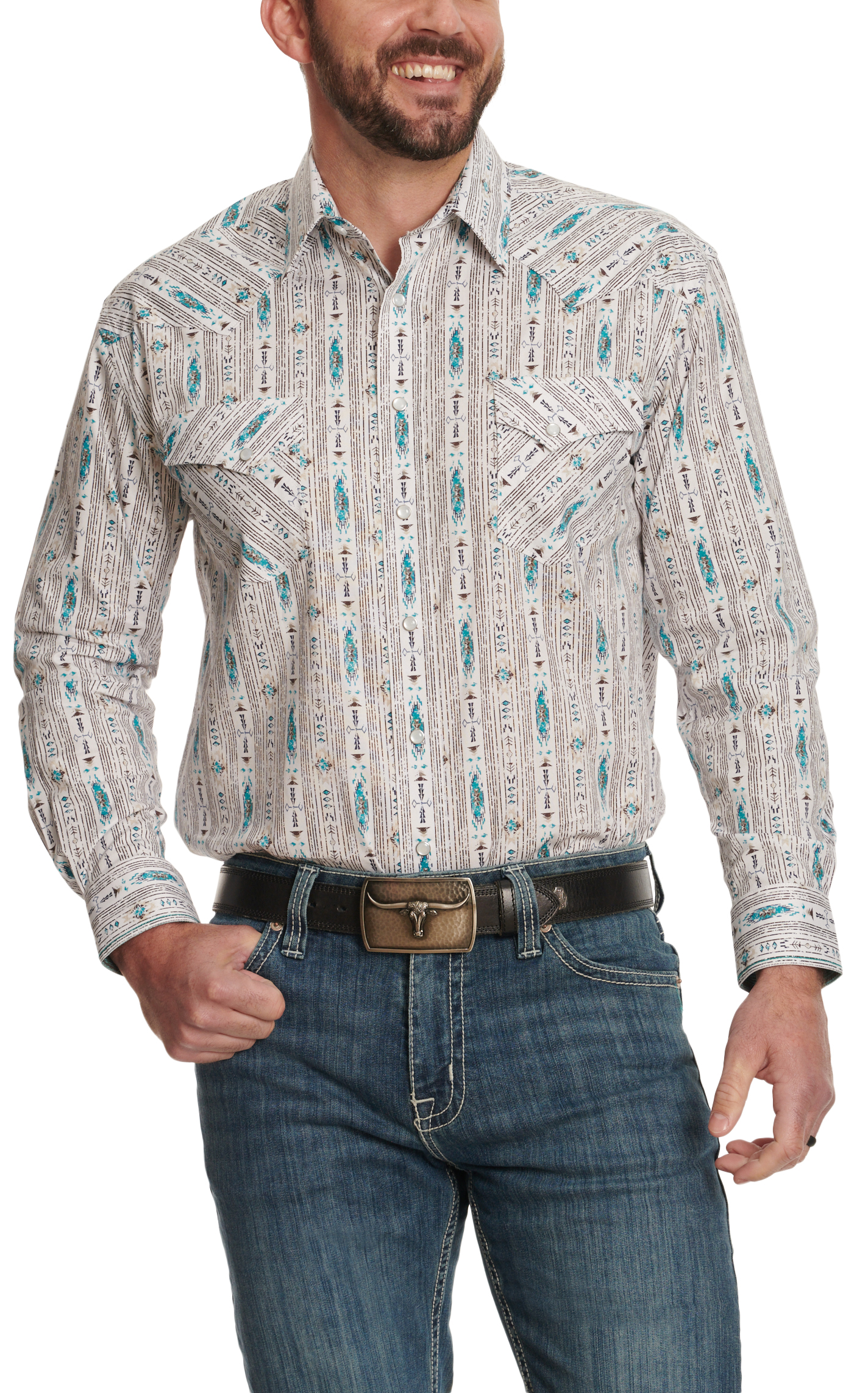 Panhandle Men's Rough Stock White & Turquoise Aztec Western Shirt - Image 1