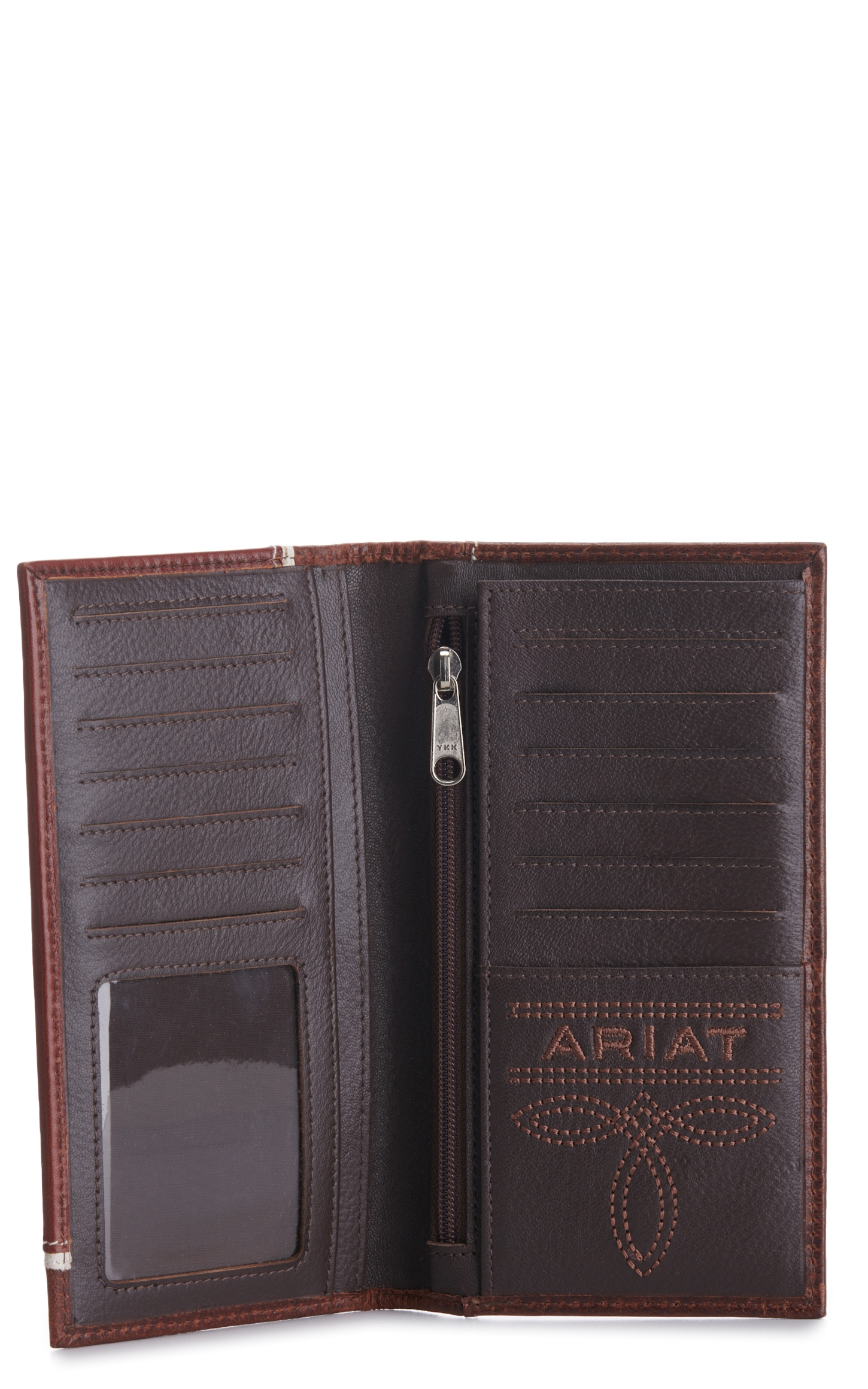 Ariat Men's Brown with Tan Overlay and Embossed Shield Logo Checkbook / Rodeo Wallet - Image 1