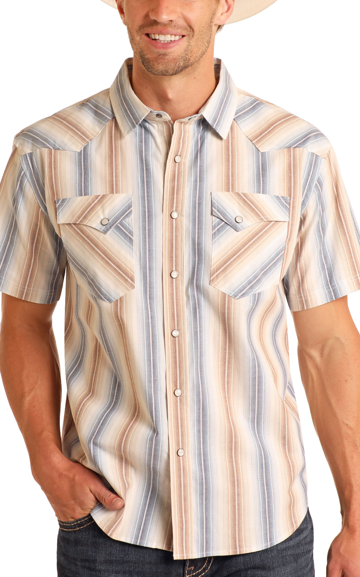 Panhandle Men's Vintage Gray & Coffee Striped Western Shirt - Image 1
