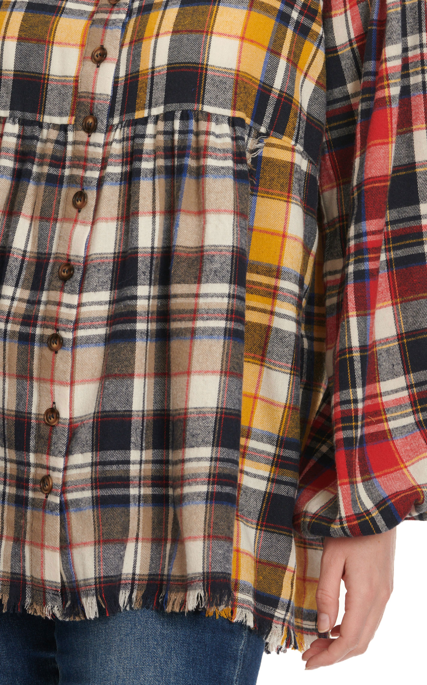 MAZIK Women's Red, Navy & Mustard Plaid Flannel Babydoll Long Puff Sleeve Top - Image 1
