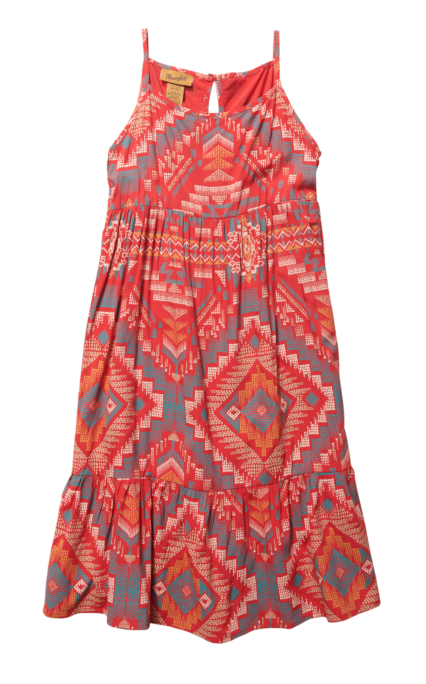 Wrangler Girl's Red & Colorful Aztec Print Sleeveless Thin Strap Dress   - Image 1