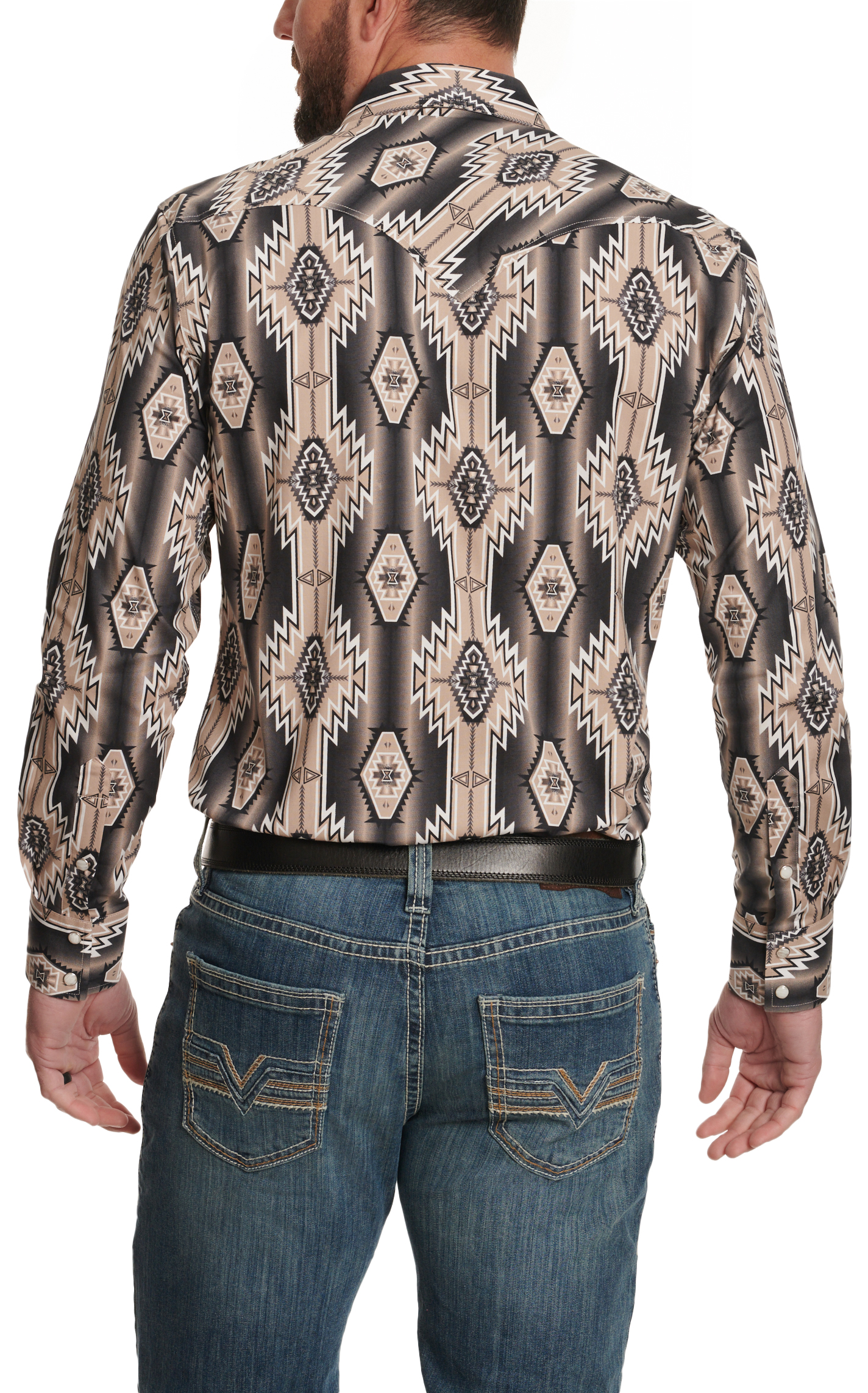 Rock & Roll Denim Men's Black Gray & Latte Aztec Western Shirt - Image 1