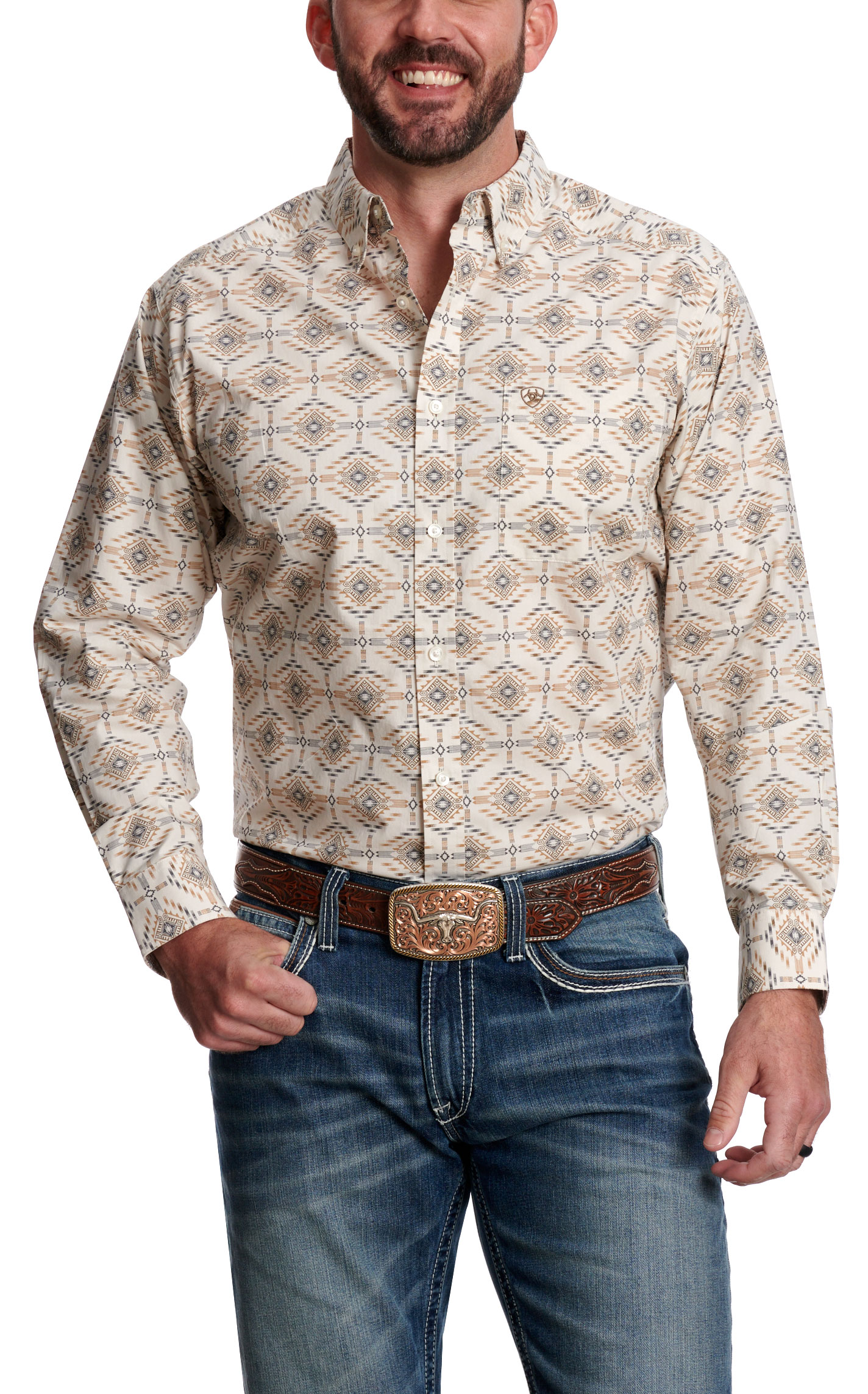 Ariat Men's Weldon White & Toasty Sand Aztec Print Western Shirt - Image 1