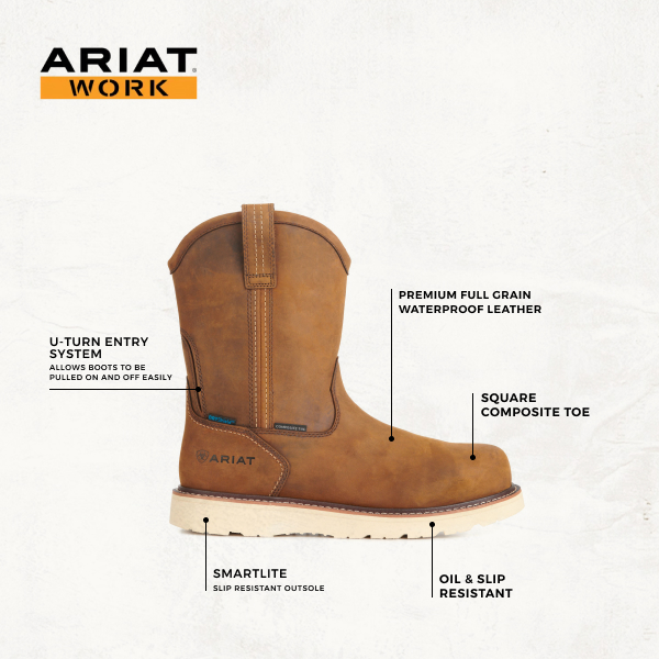 Ariat Men's Rebar Wedge Distressed Brown Waterproof Round Composite Toe Pull-On Work Boots - Image 1