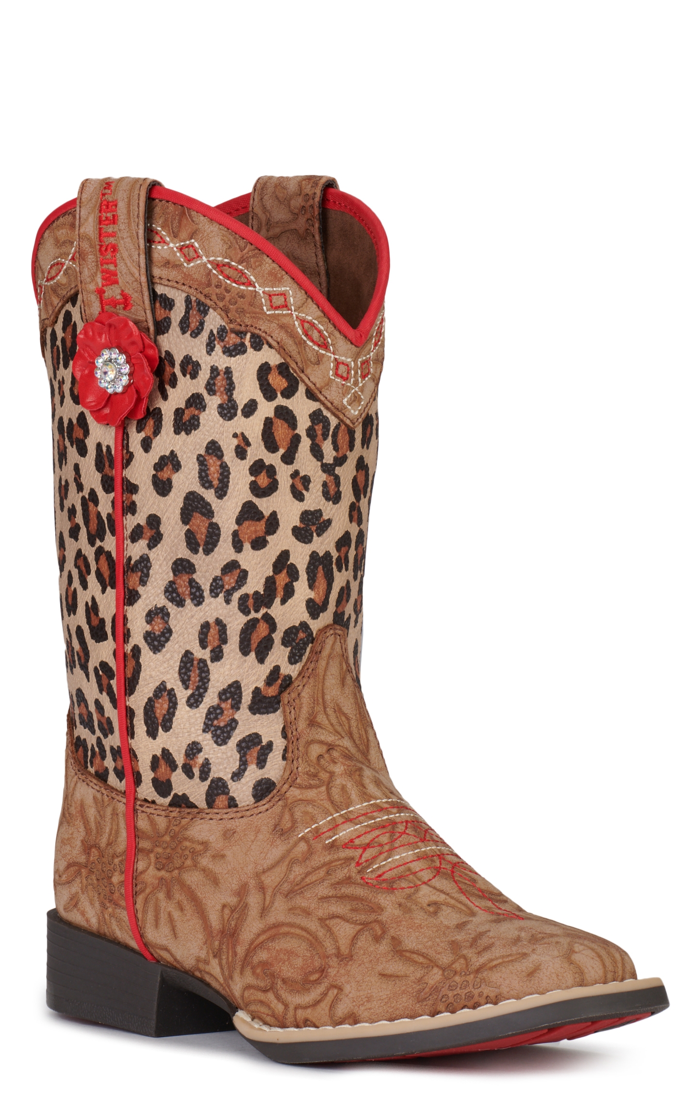 Twister Girls' Avery Tan Floral and Leopard Print Square Toe Cowboy Boots - Image 1