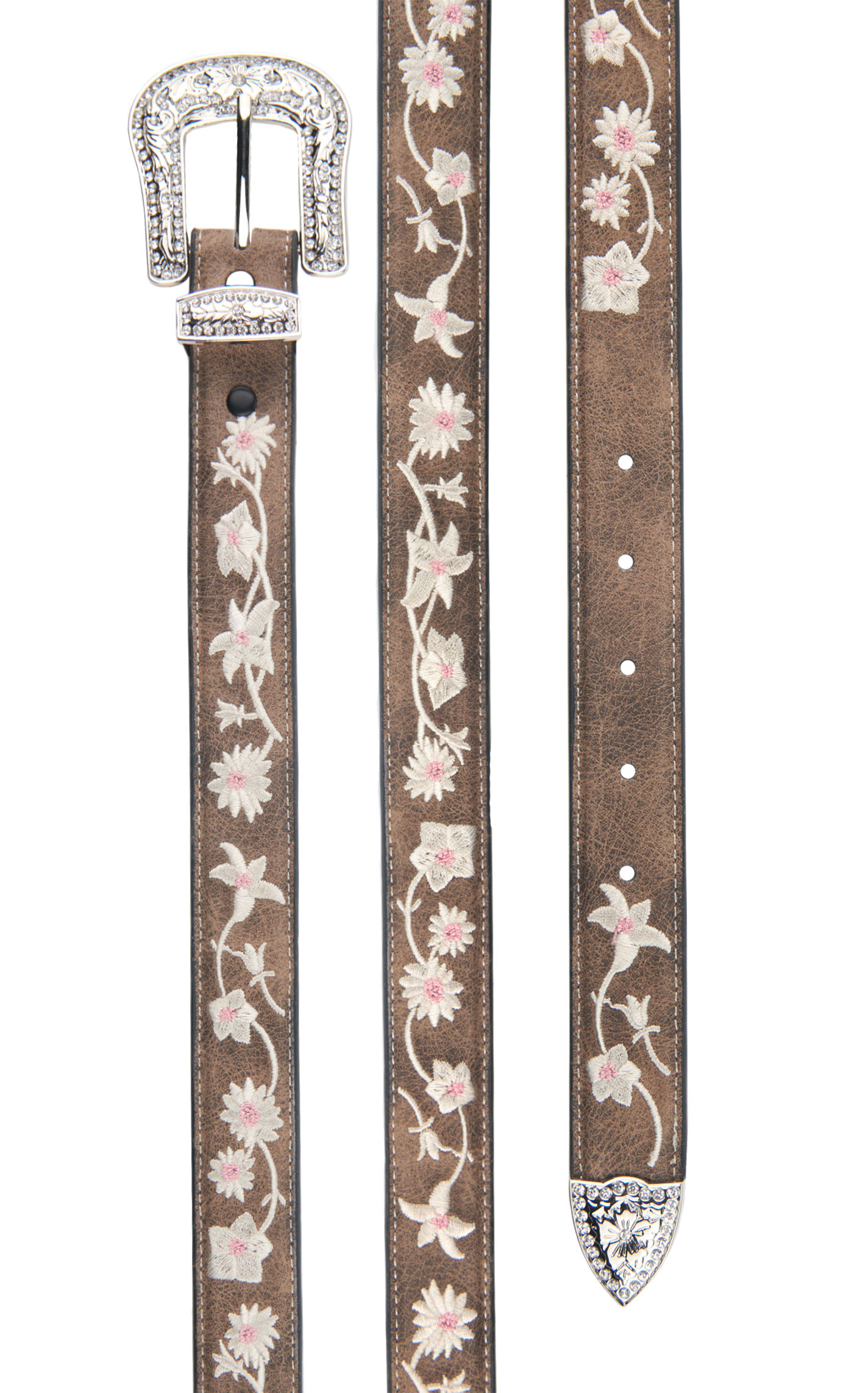 Angel Ranch Girl's Coffee Leather White & Pink Embroidered Flowers & Bling Buckle Western Belt - Image 1