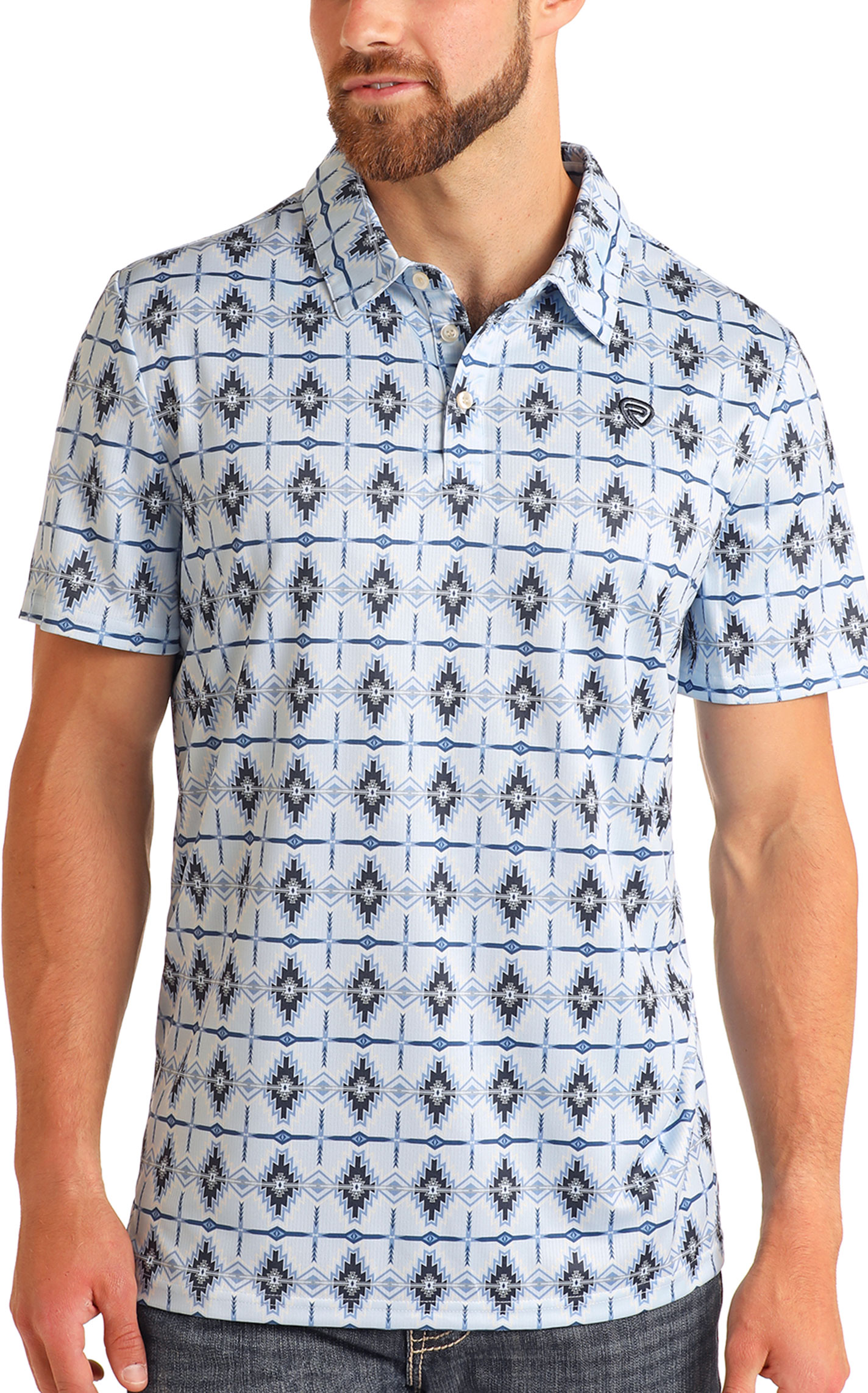 Rock & Roll Denim Men's Light Blue Aztec Print Polo - Image 1