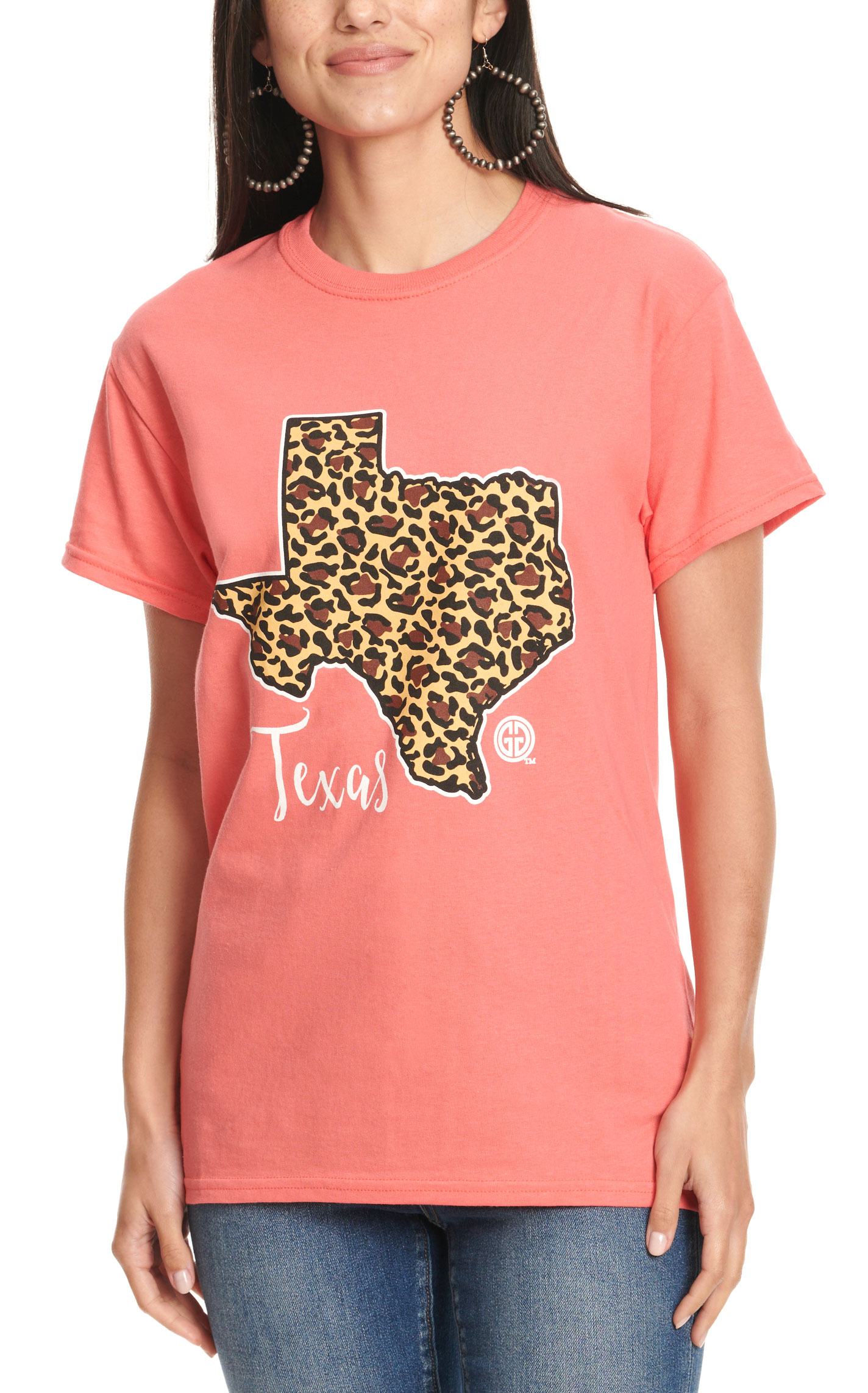 Girlie Girl Originals Women's Coral Leopard Print Texas Graphic T-Shirt - Image 1