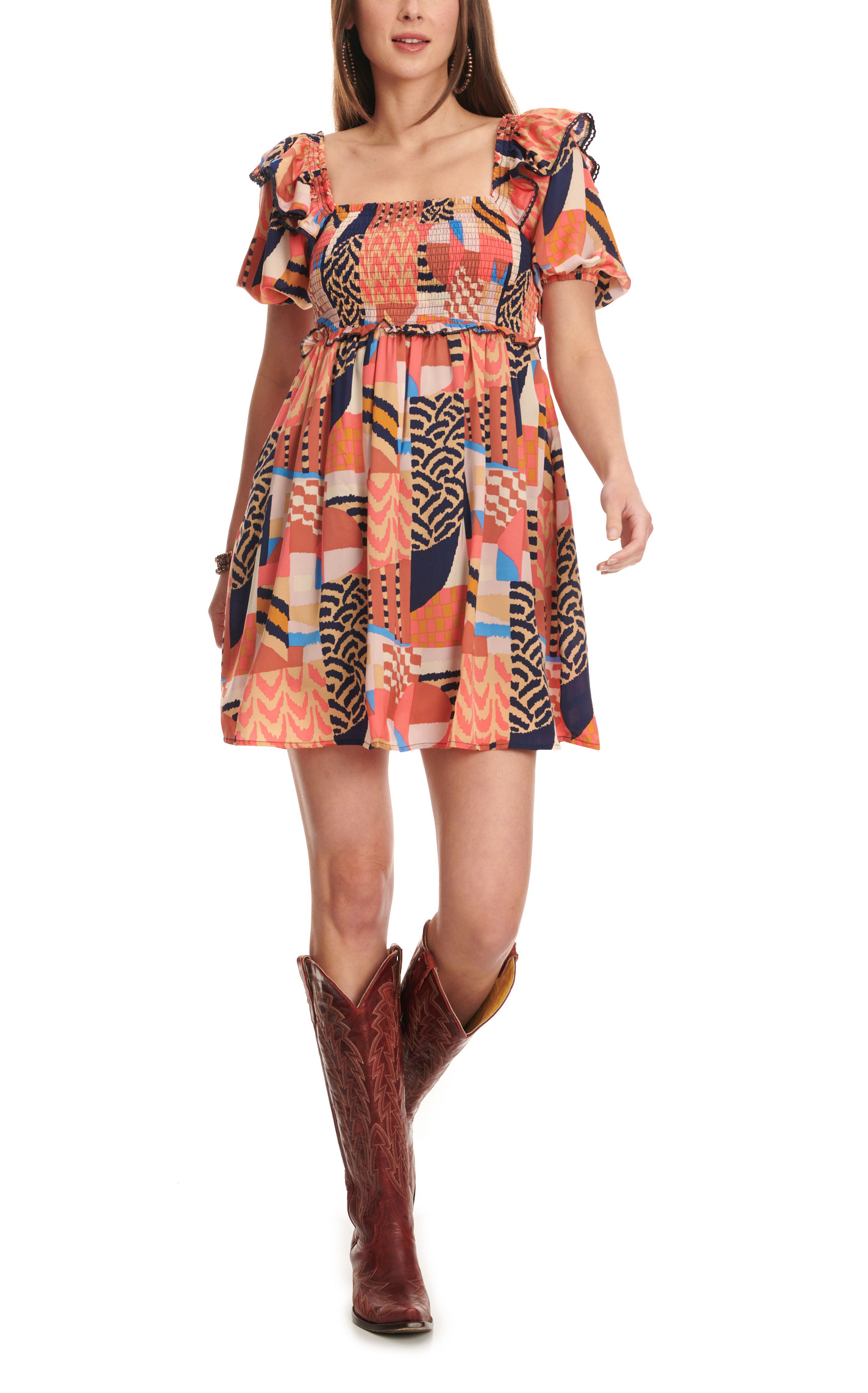 TCEC Women's Cinnamon Red & Navy Abstract Print Smocked Dress - Image 1