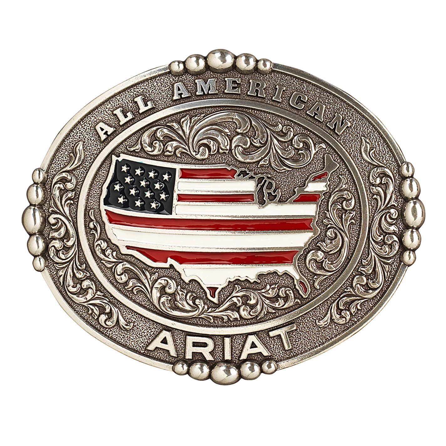 Ariat Antiqued Silver All American Enameled Flag Oval Belt Buckle - Image 1