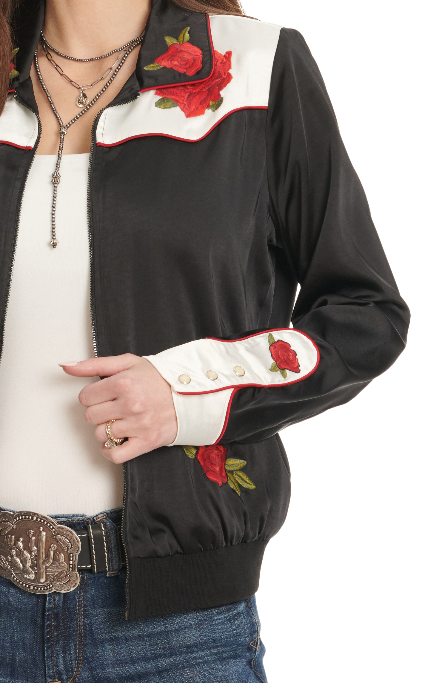 Ariat x Rodeo Quincy Women's Black & White Embroidered Red Roses Bomber Jacket - Image 1