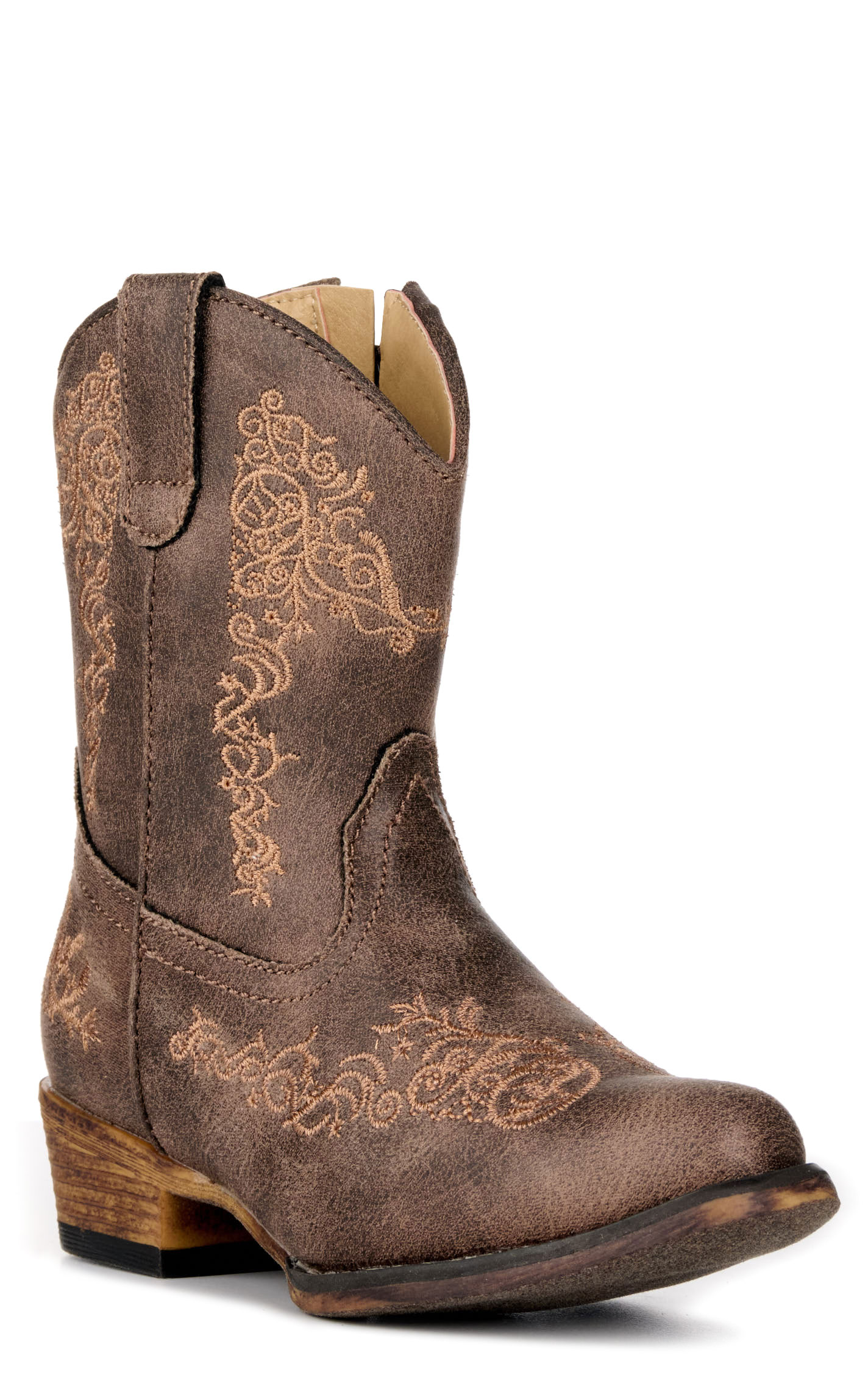 Roper Toddler Girls' Riley Scroll Vintage Brown Faux Leather Snip Toe Cowboy Boots - Image 1