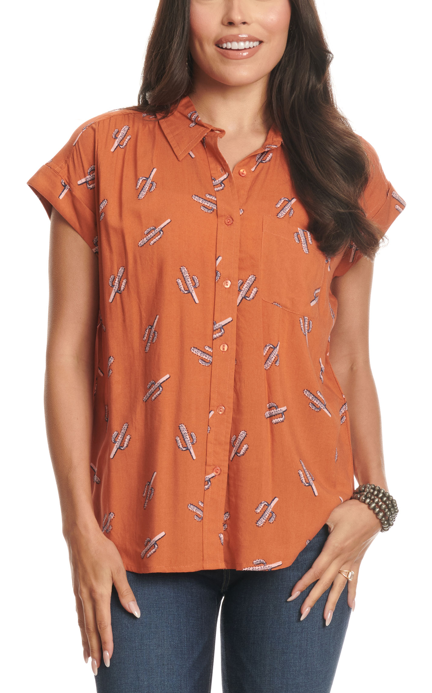 Cotton & Rye Women's Burnt Orange Cactus Print Top - Image 1
