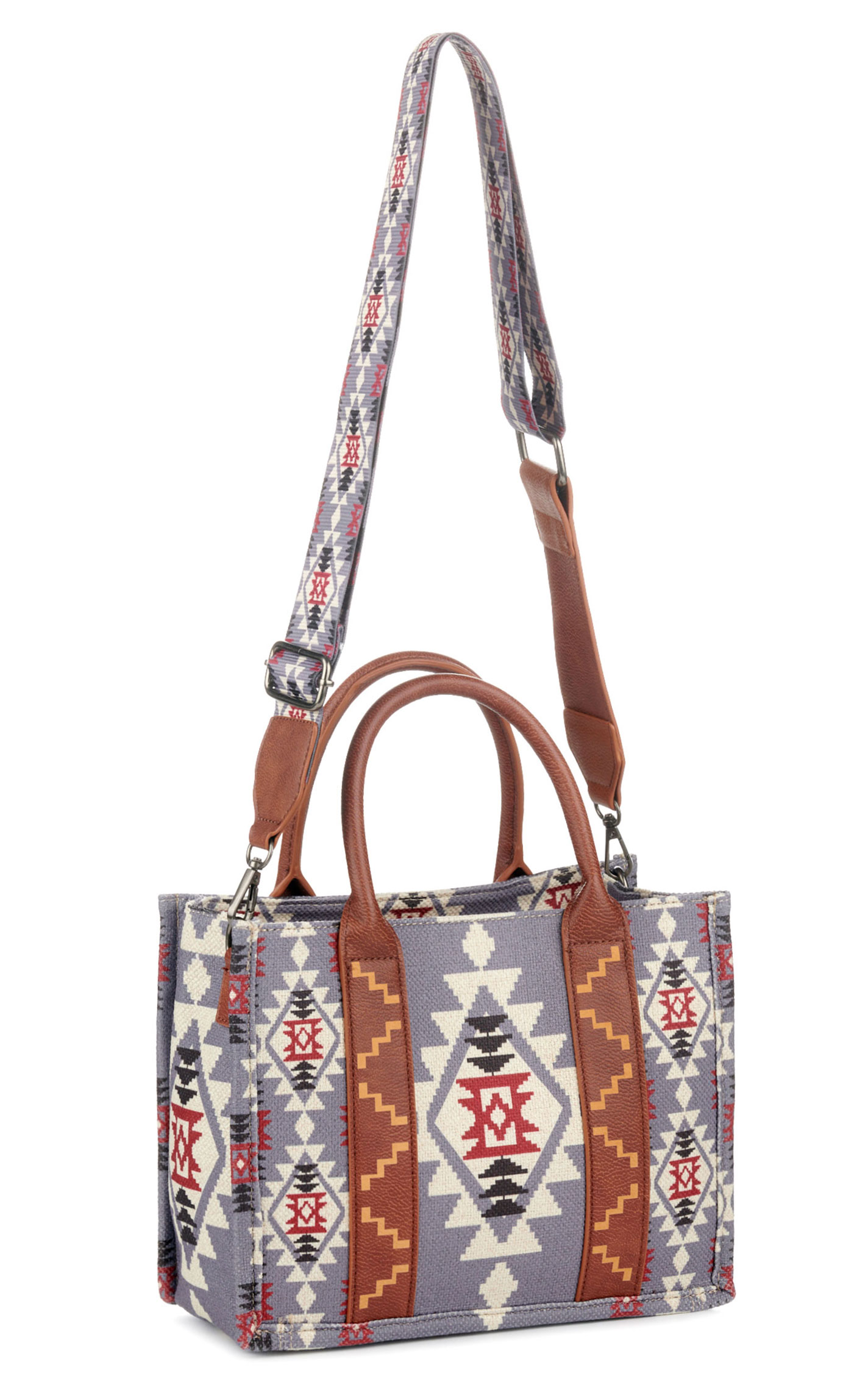 Wrangler Rosy Stone Gray & Rich Red Aztec Print Leather Handle Guitar Strap Crossbody Bag - Image 1