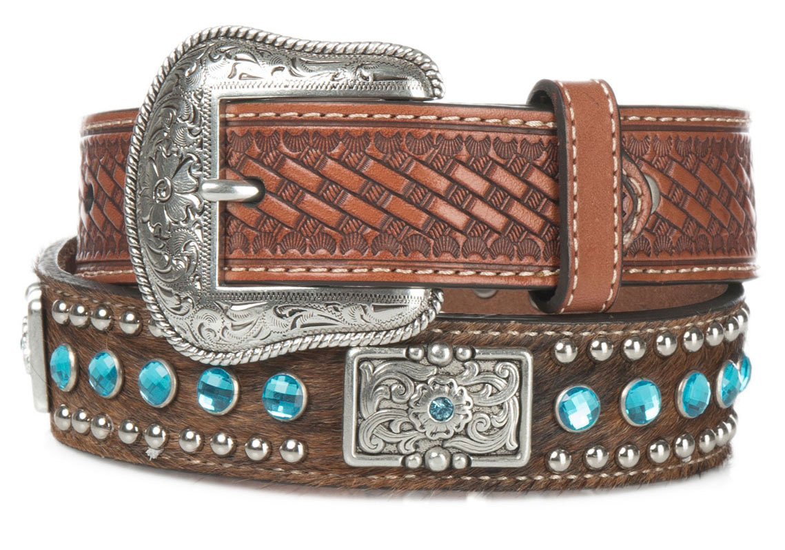 Nocona Children's Cow hair with Blue Rhinestones and Silver Studs Leather Belt - Image 1