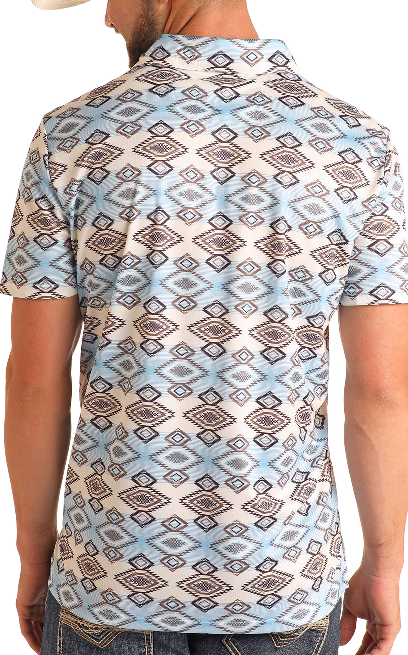 Rock & Roll Denim Men's White and Light Blue Aztec Print Polo - Image 1