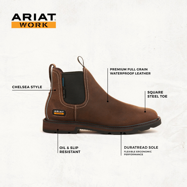 Ariat Men's Groundbreaker Chelsea Dark Brown Waterproof Wide Square Steel Toe Work Boots - Image 1
