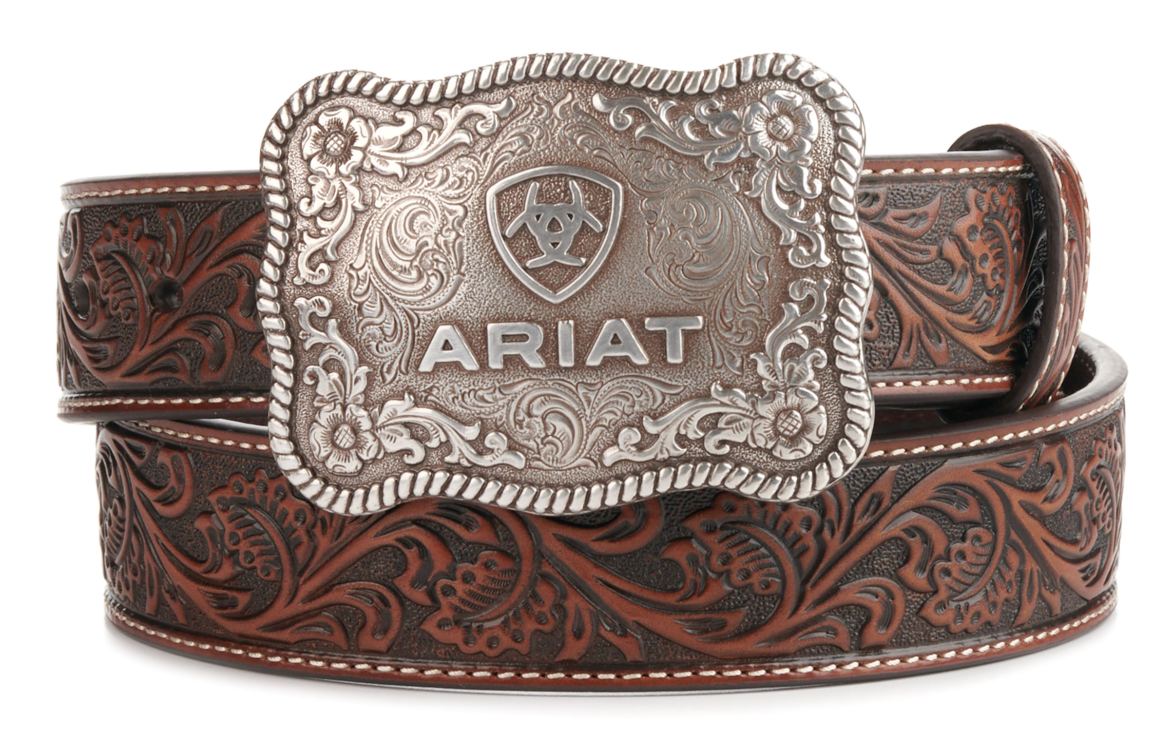 Ariat Men's Etched Silver Buckle & Brown Genuine Leather Floral Tooled Belt - Image 1