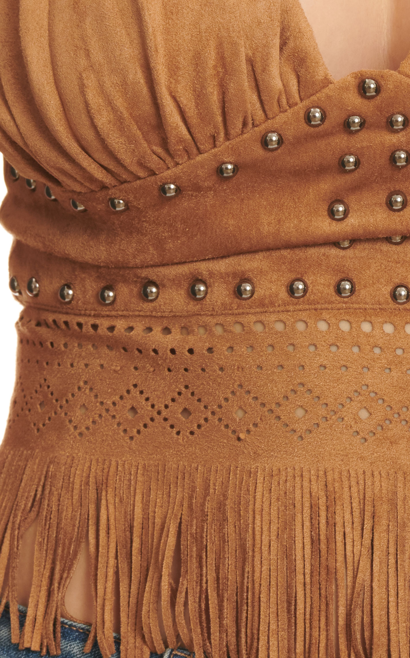 Blue B Women's Rich Caramel Double Deep V-Neck Sleeveless Fringed & Studded Faux Suede Top - Image 1