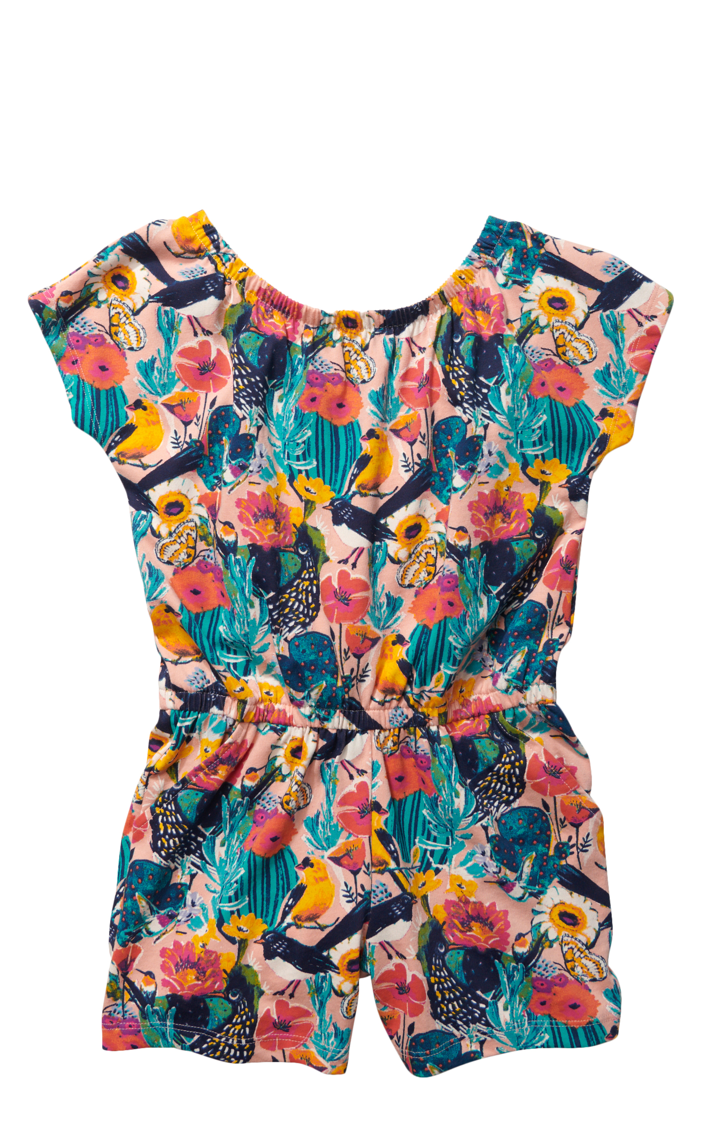 Wrangler Girl's Peach & Colorful Desert Cactus & Bird Print Short Sleeve Romper - Image 1
