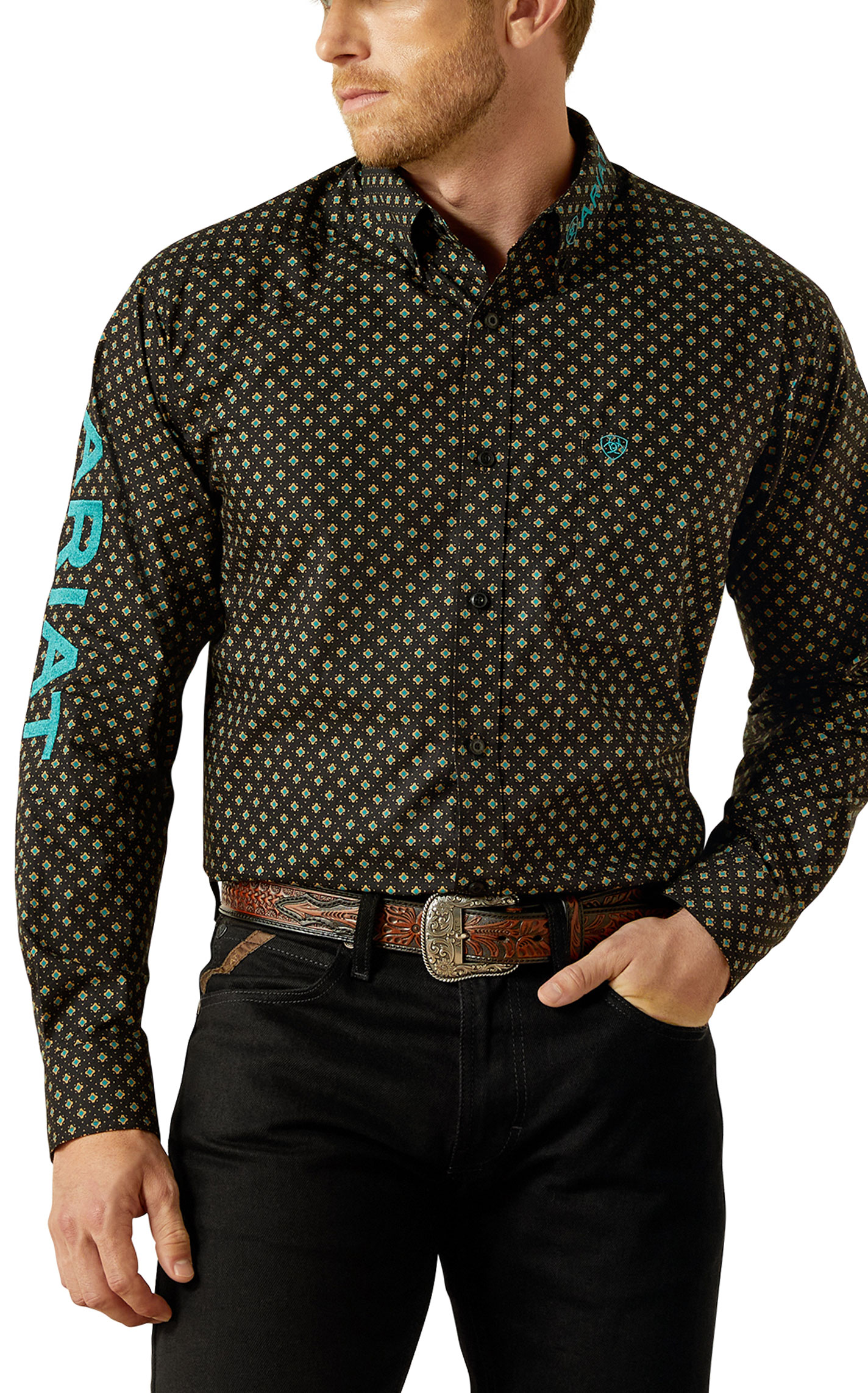 Ariat Men's Team Black & Teal Geo-Print Logo Shirt - Image 1