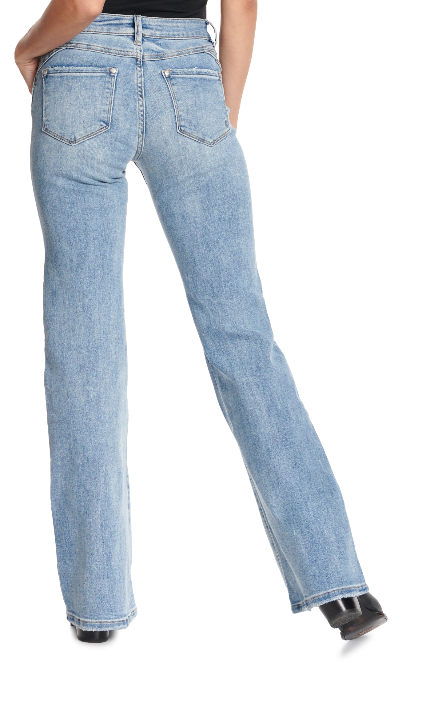 Rockin' C Women's Medium Wash Mid Rise Lightly Dart Pocket Distressed Flare Leg Jeans - Image 1