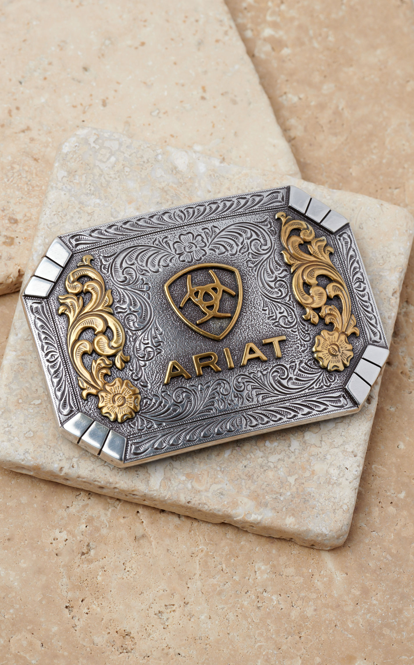 Ariat Silver with Gold Accent Scrolling Floral Logo Shield Rectangle Belt Buckle - Image 1