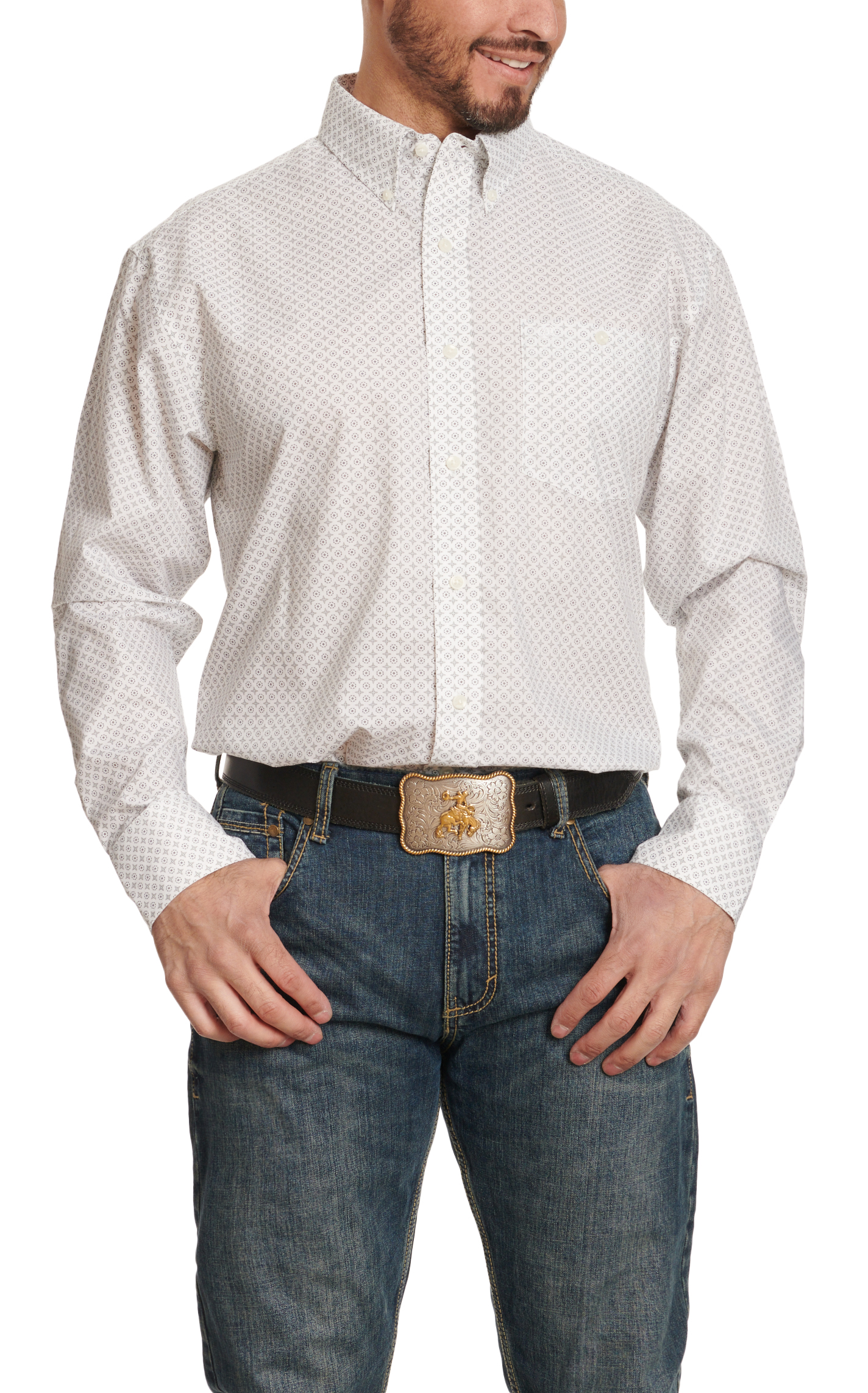 Wrangler Men's White Black & Gray Geo Print Western Shirt - Image 1