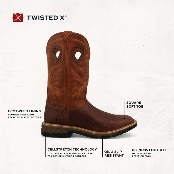 Twisted X Men’s Ginger and Rust CellStretch Leather Wide Square Toe Work Boots - Image 1