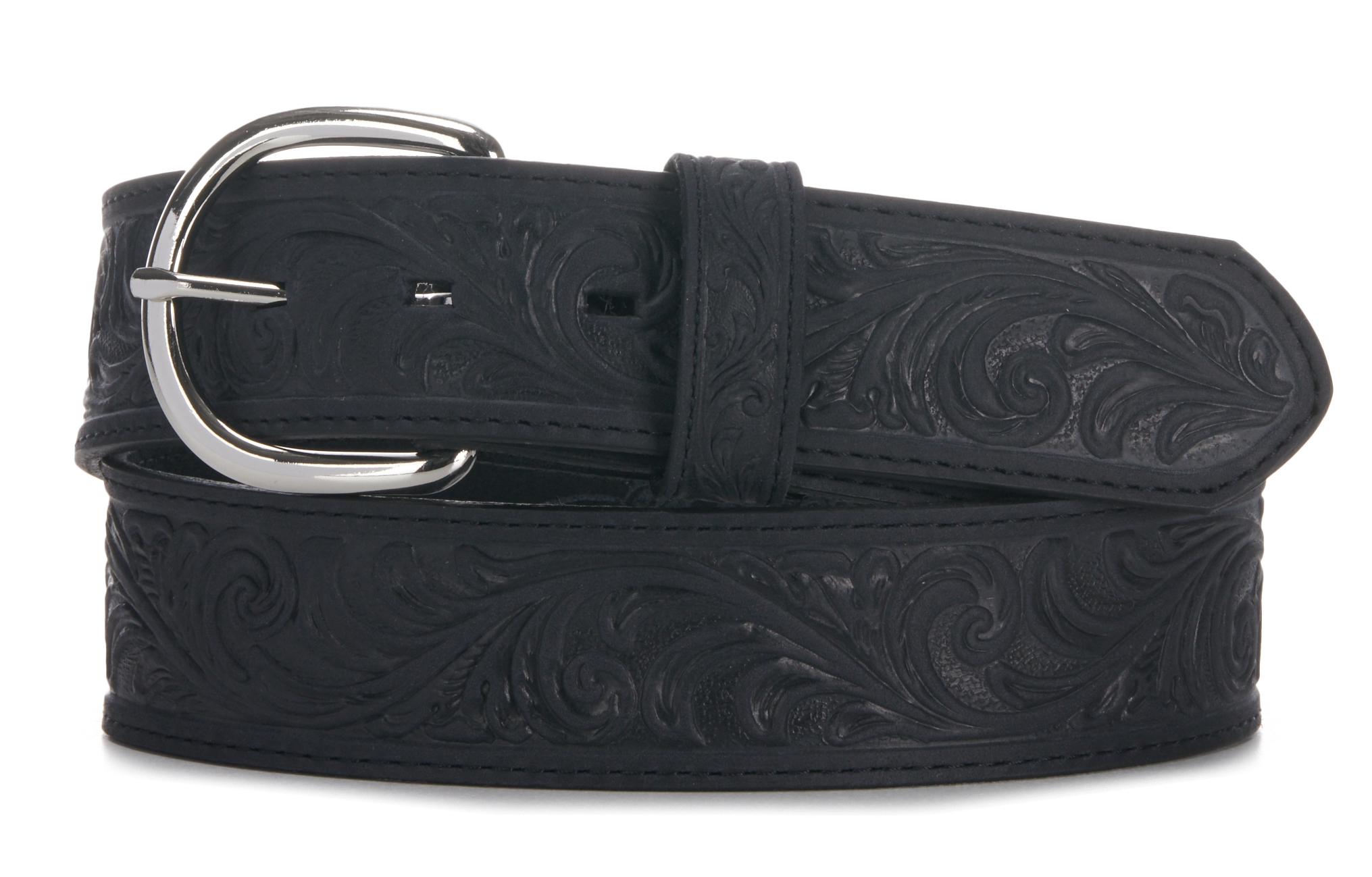 Justin Black Leather Tooled Scroll 1 3/8'' Western Belt - Image 1
