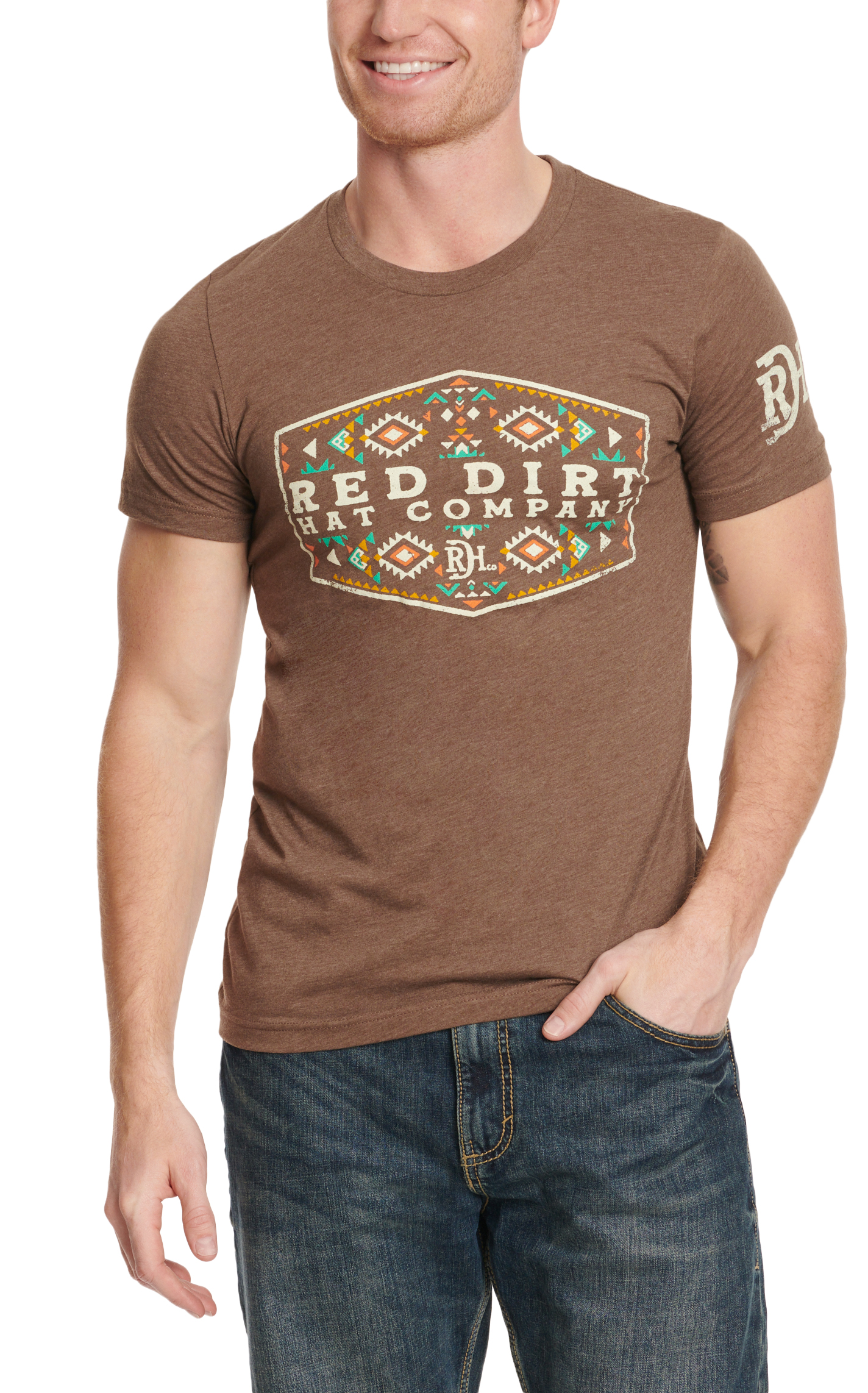 Red Dirt Hat Co. Men's Brown & Colorful Aztec Logo Graphic T-Shirt - Image 1