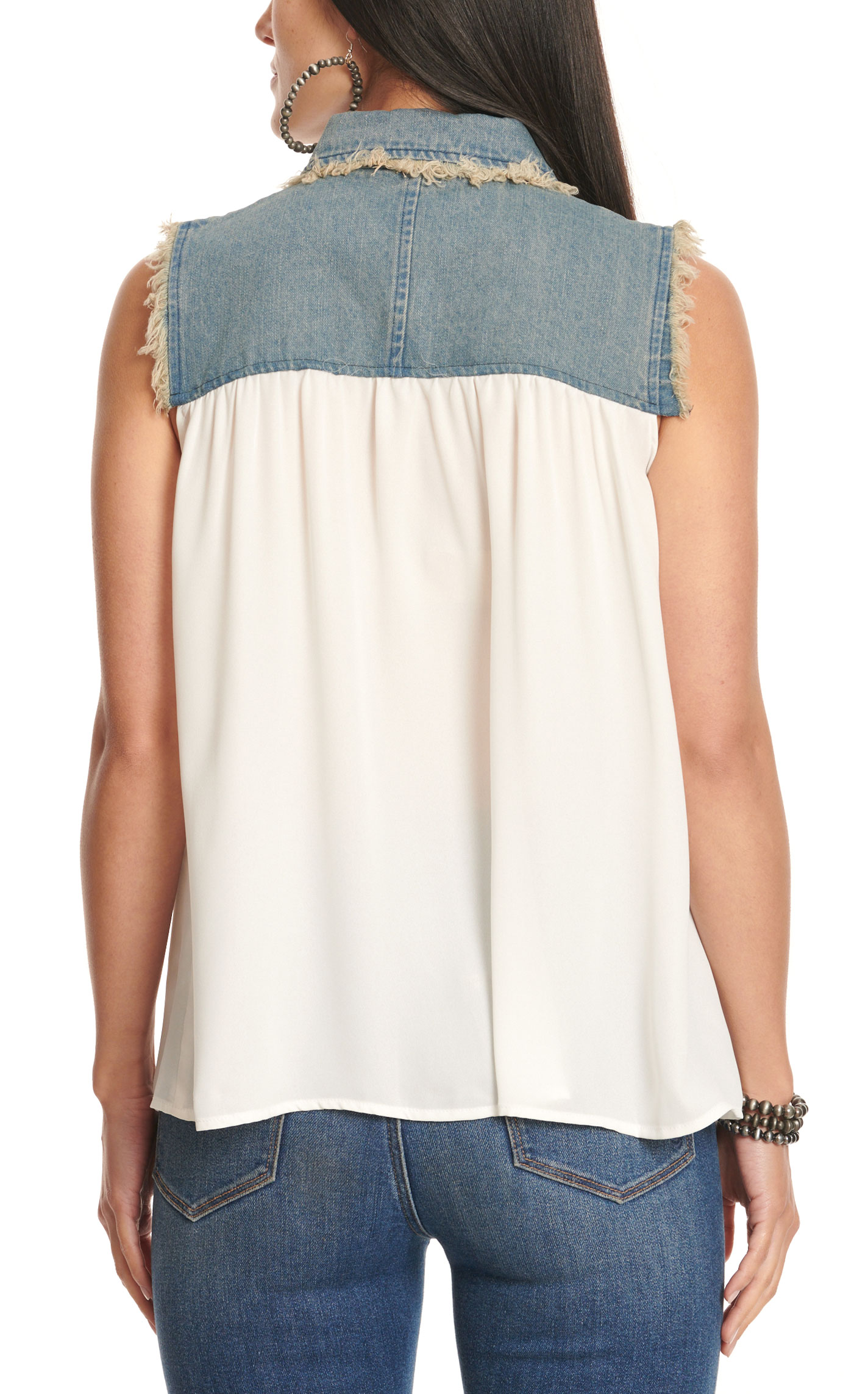 Cowgirl Hardware Women's White & Denim Frayed Sleeveless Top  - Image 1