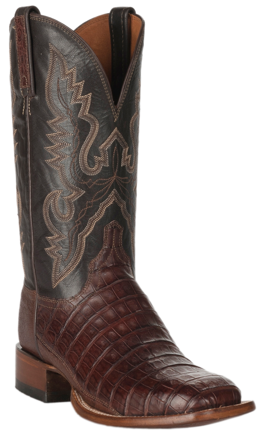 Lucchese Men's 1883 Barrel Brown Caiman Tail and Smooth Ostrich Square Toe Exotic Cowboy Boots - Image 1