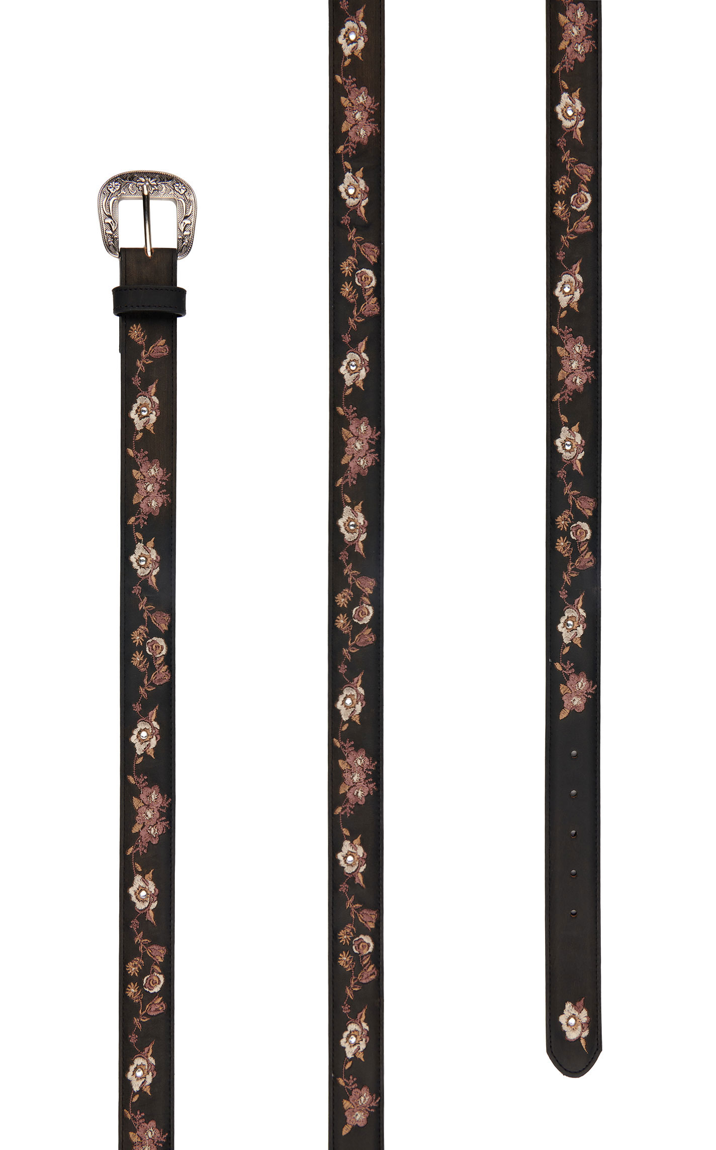Cavender's Women's Black with Floral Embroidery Leather Belt - Image 1