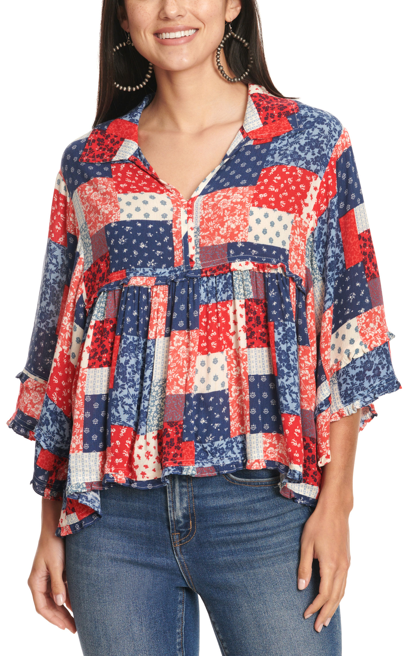 Rockin' C Women's Red, White and Blue Patchwork Top - Image 1
