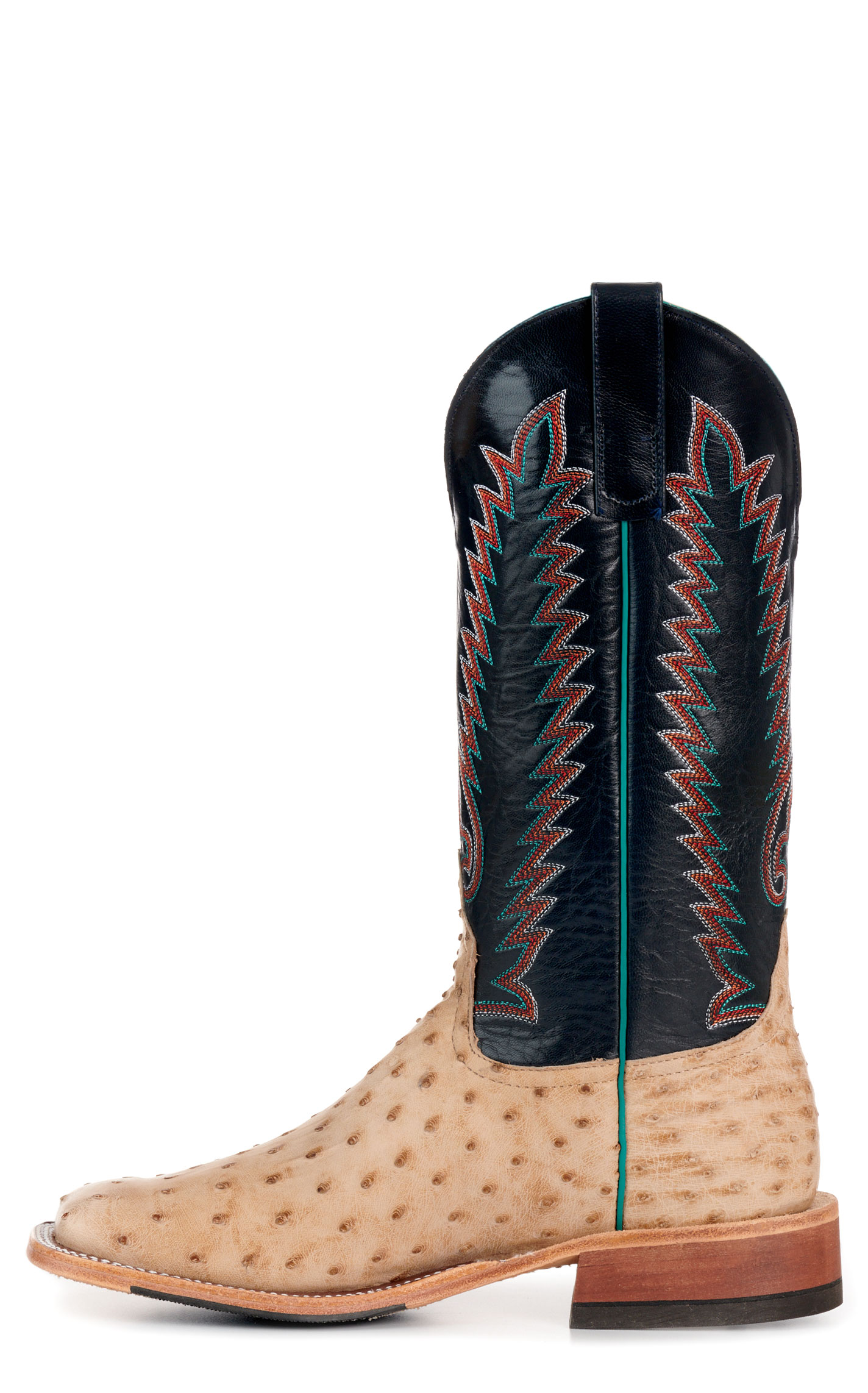 Anderson Bean Men's Navy and Tan Full Quill Ostrich Hybrid  Wide Square Toe Exotic Cowboy Boots - Image 1