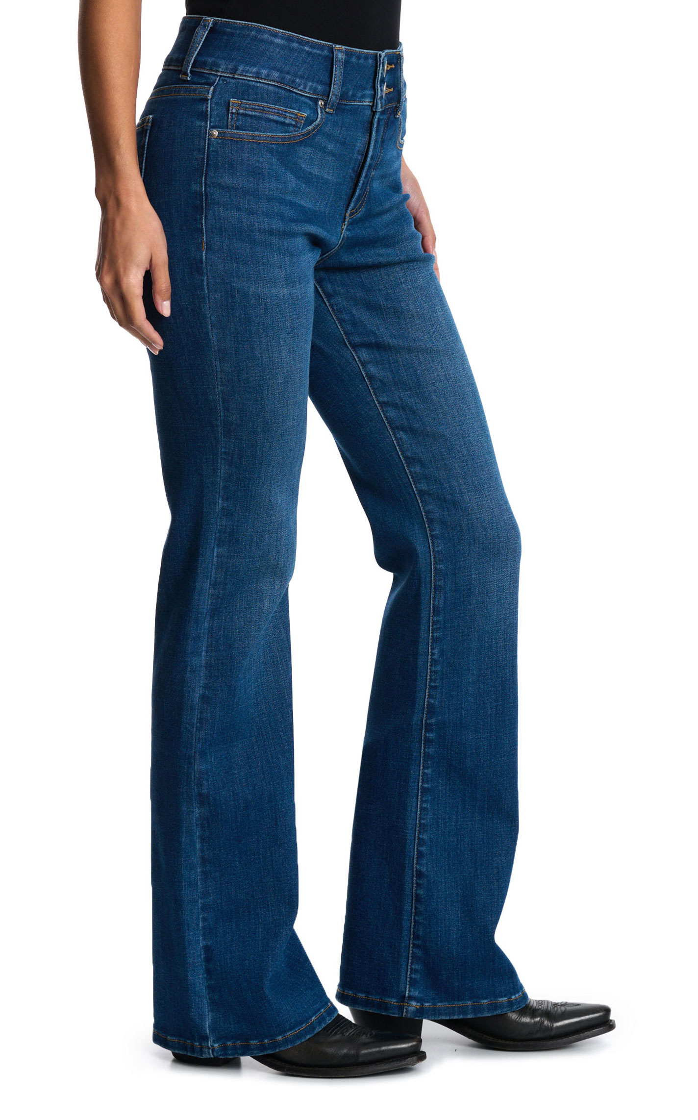 Sneak Peek Women's Dark Wash Double Button Waist Boot Cut Jeans - Image 1