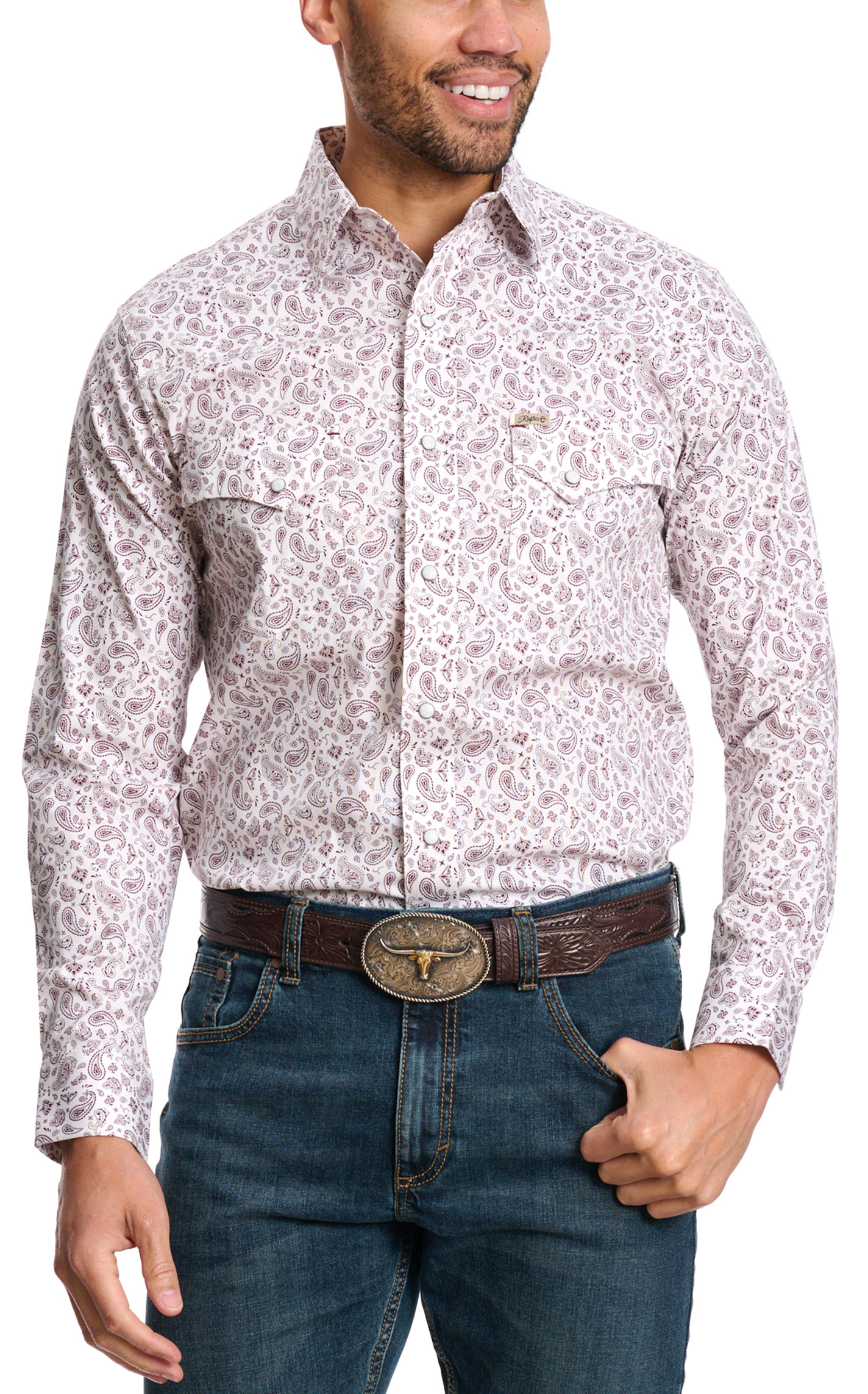 Rafter C Men's ProFlex45 White & Wine Paisley Western Shirt - Image 1