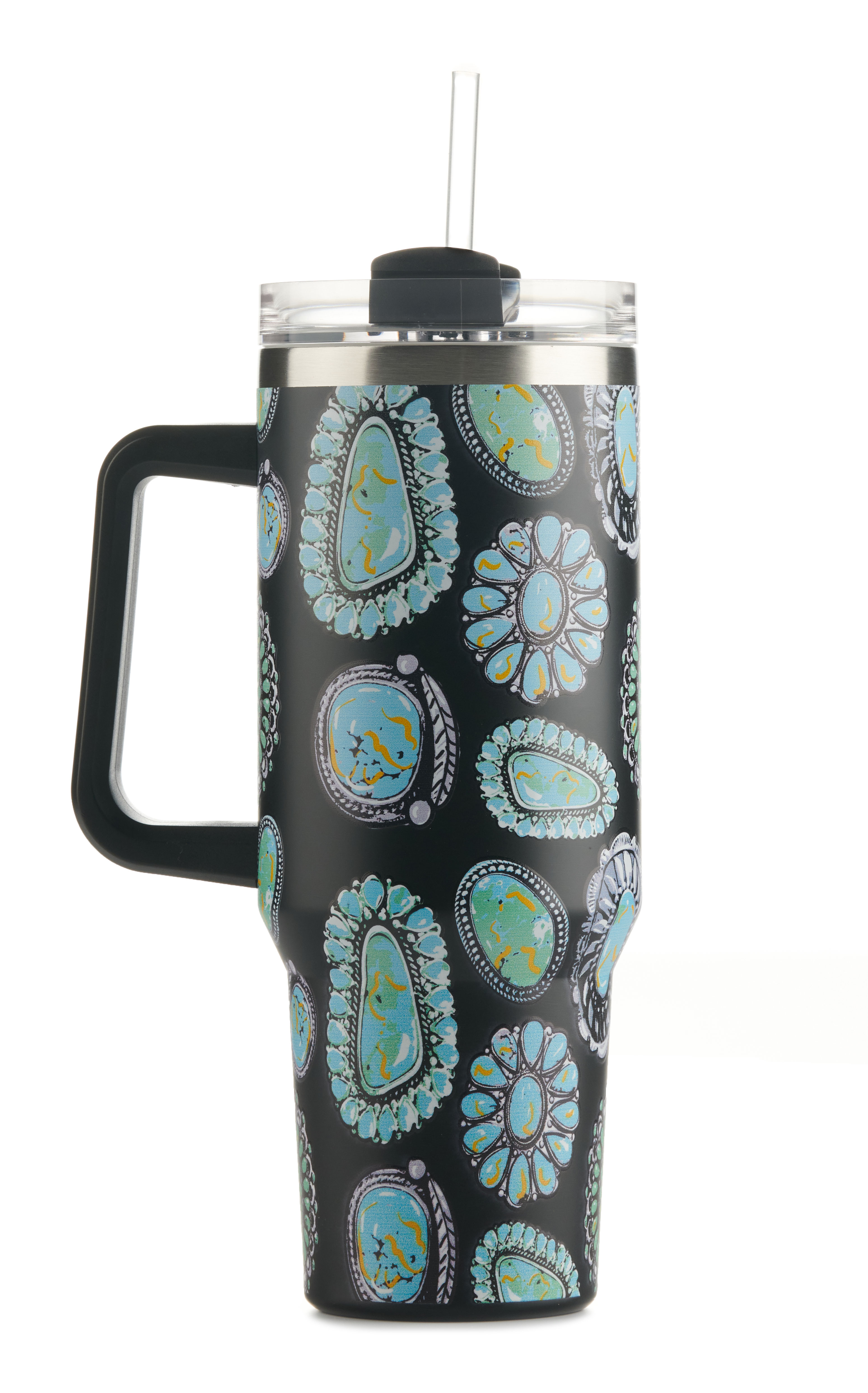 Girlie Girl Originals Black Turquoise Conchos Print 40 oz. Handled Morgan Tumbler - Image 1