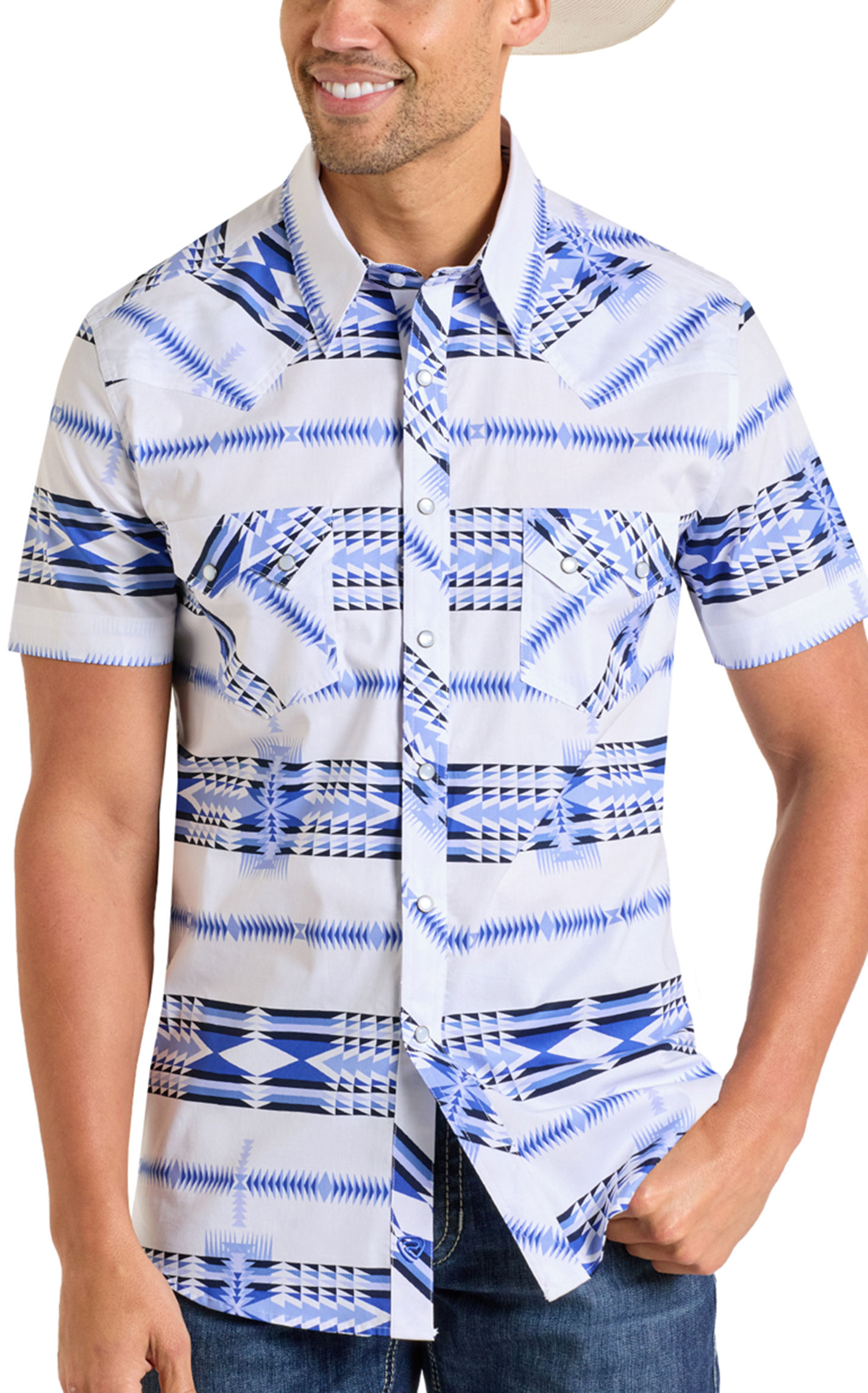 Rock & Roll Denim Men's Blue & White Aztec Print Western Shirt - Image 1
