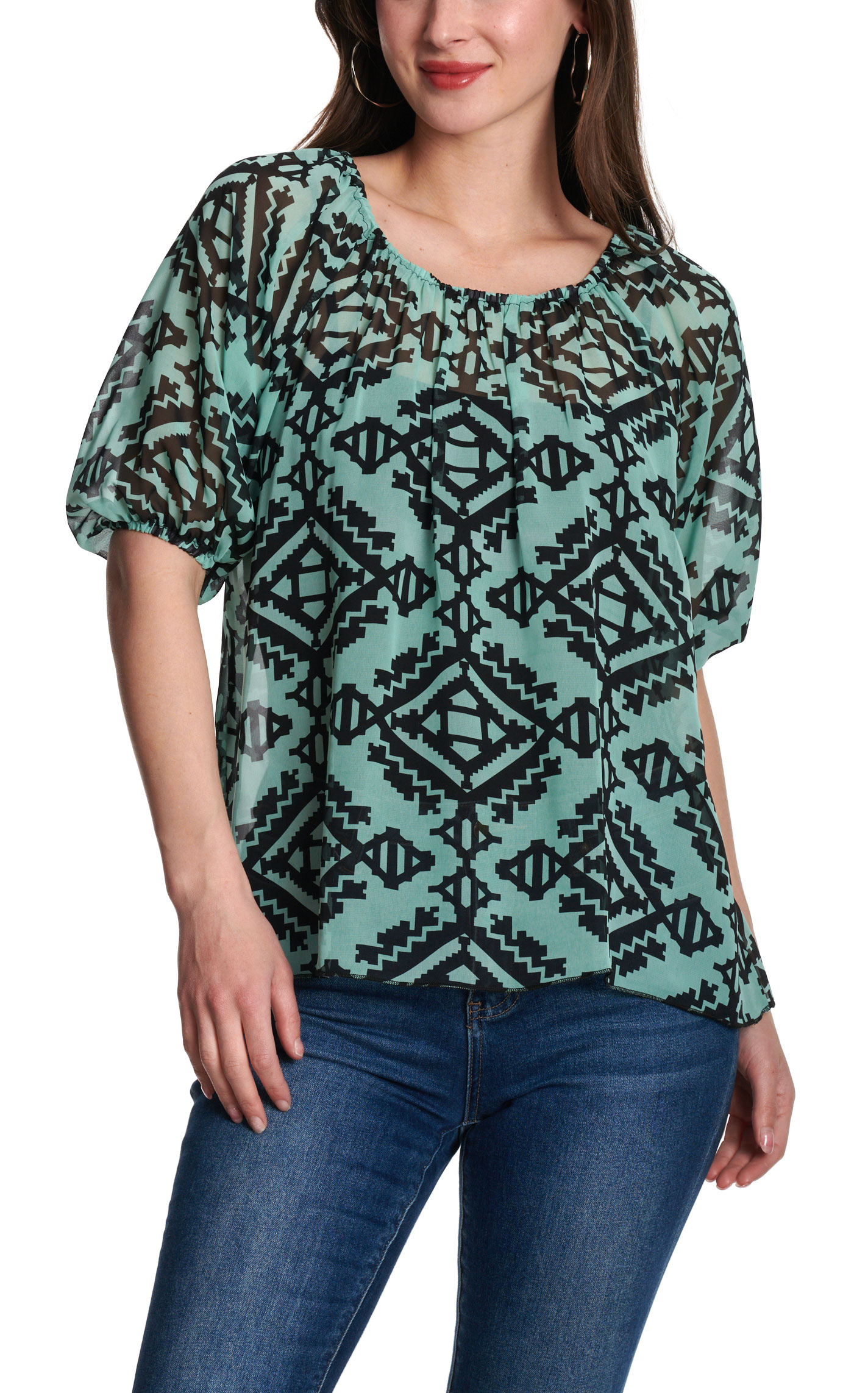 R. Rouge Women's Teal Black Aztec Print Sheer Puff Sleeve Top - Image 1