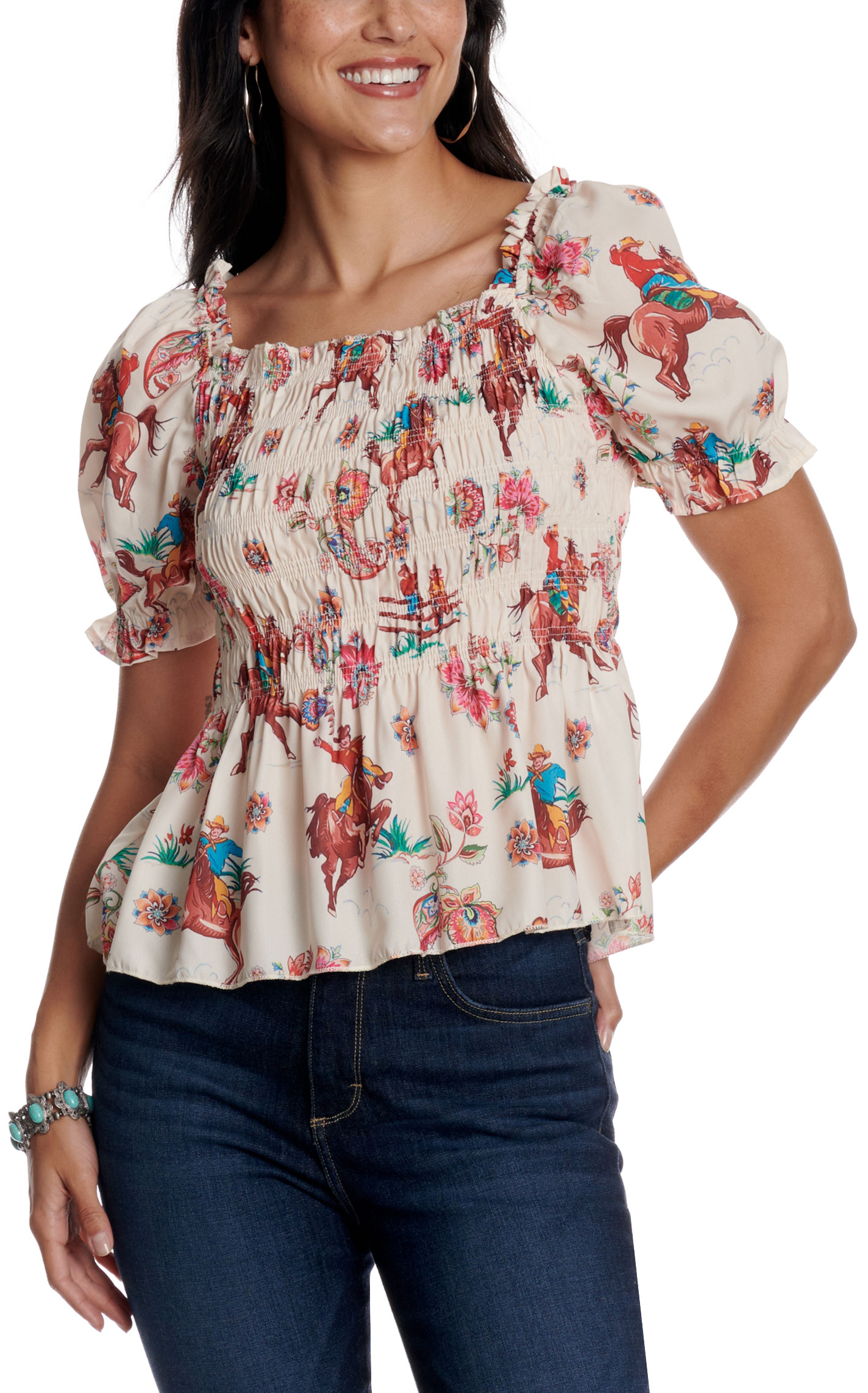 Fashion Express Women's Beige Cowboy Print Smocked Top - Image 1