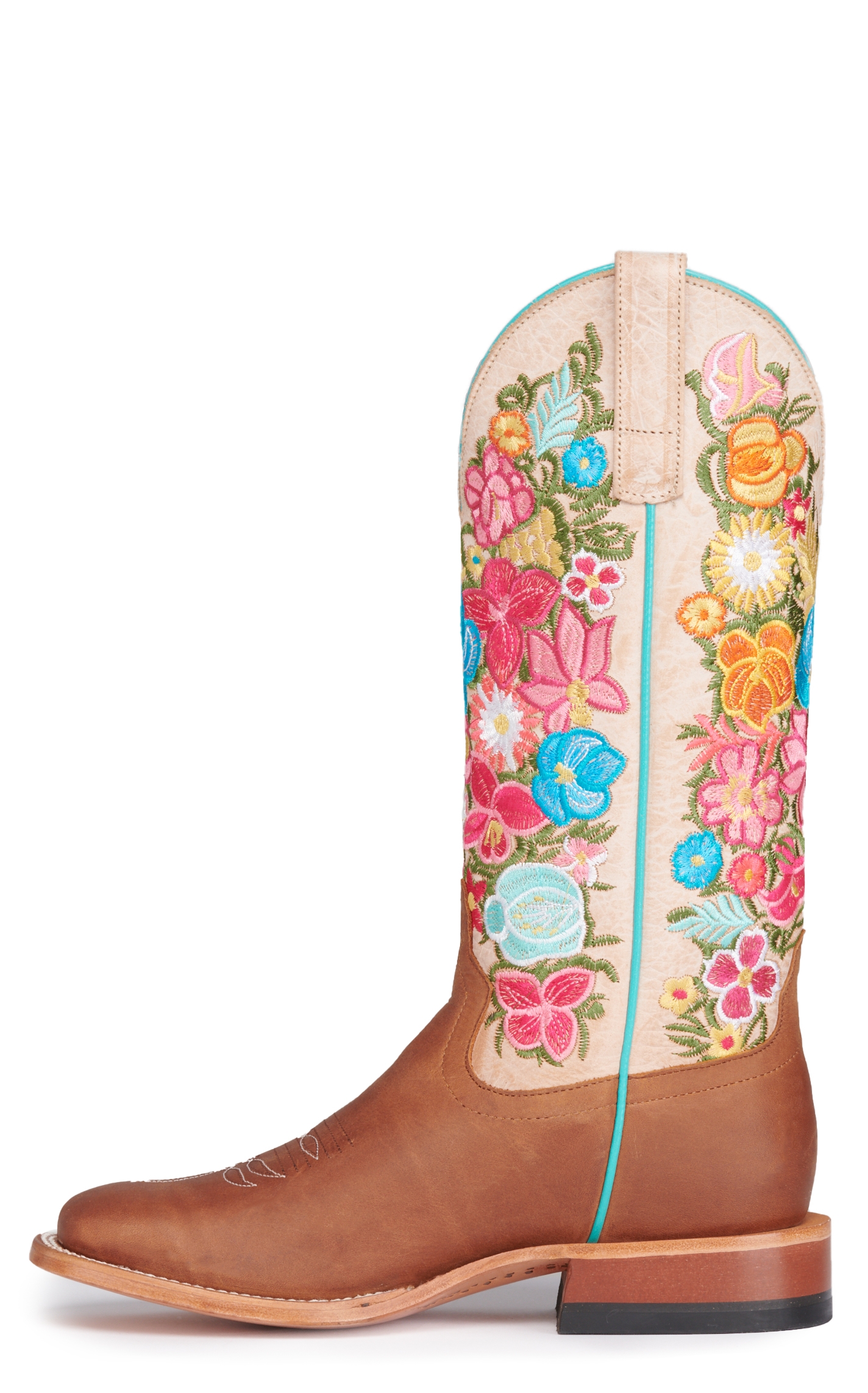 Anderson Bean Women's Macie Bean Cognac and Bone with Floral Embroidery Wide Square Toe Cowboy Boots - Image 1