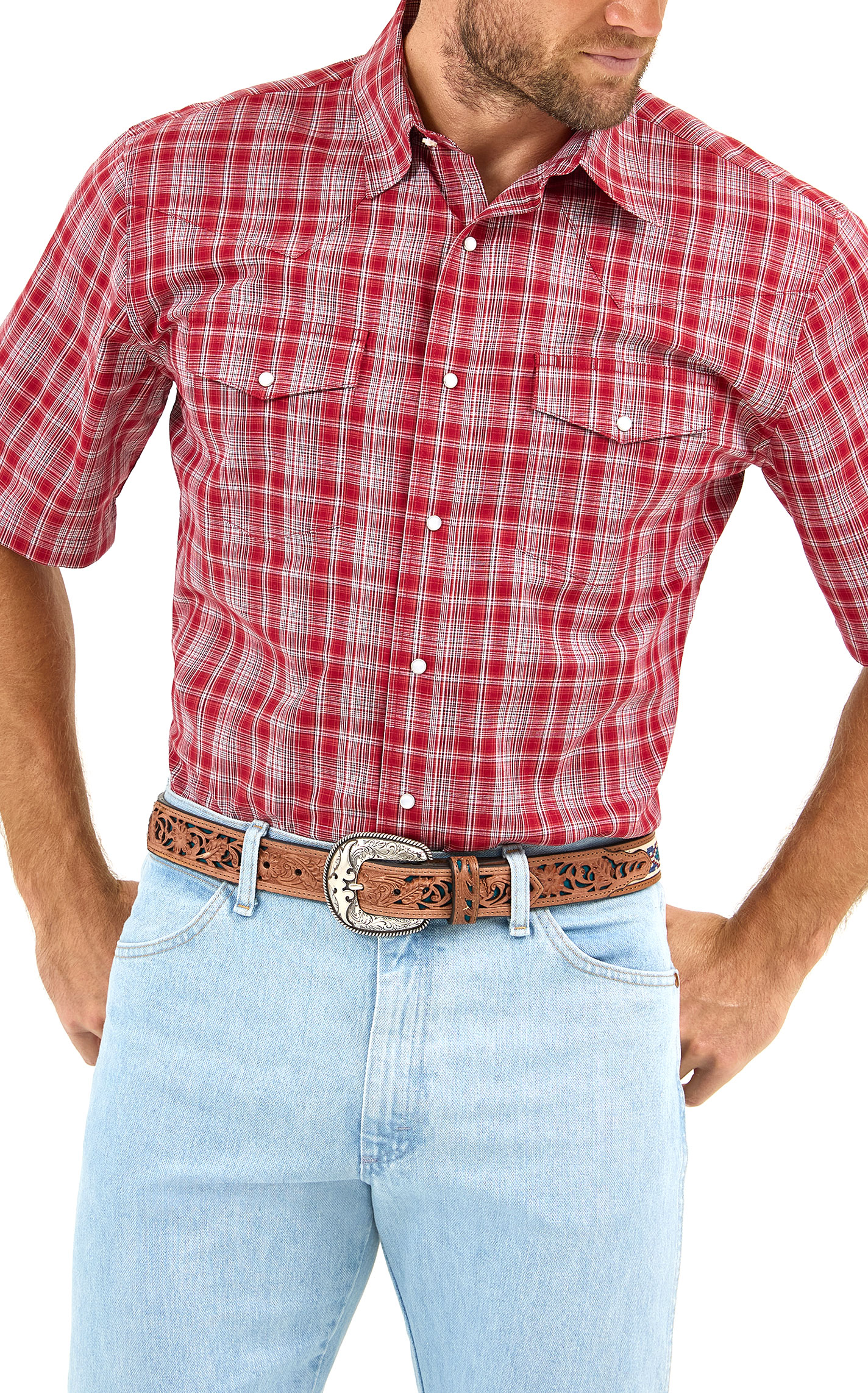 Wrangler Men's Red & White Plaid Print Western Shirt - Image 1
