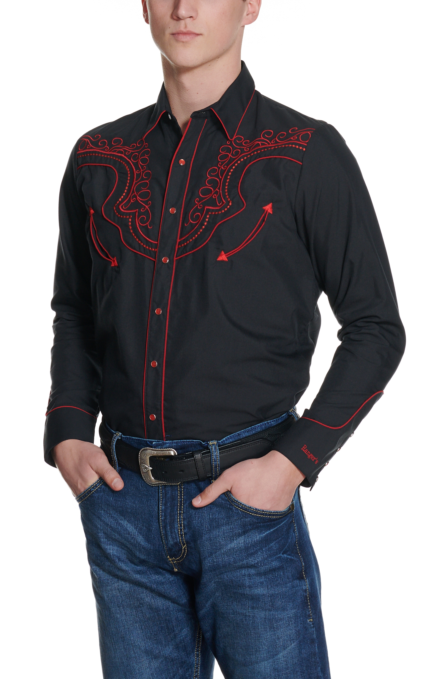 Ranger's Legend Men's Black & Red Embroidered Western Shirt - Image 1