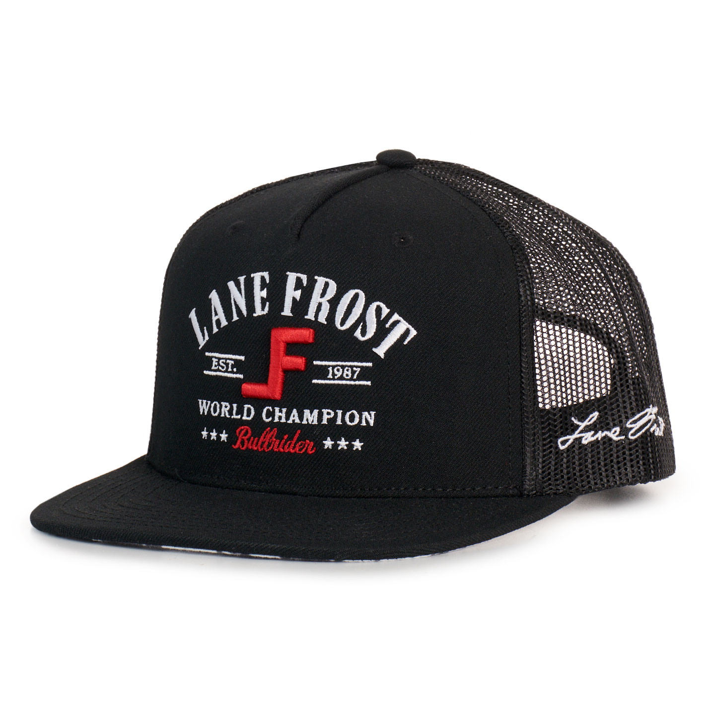 Lane Frost Men's Black Red & White World Champion Bull Rider Trucker Cap - Image 1