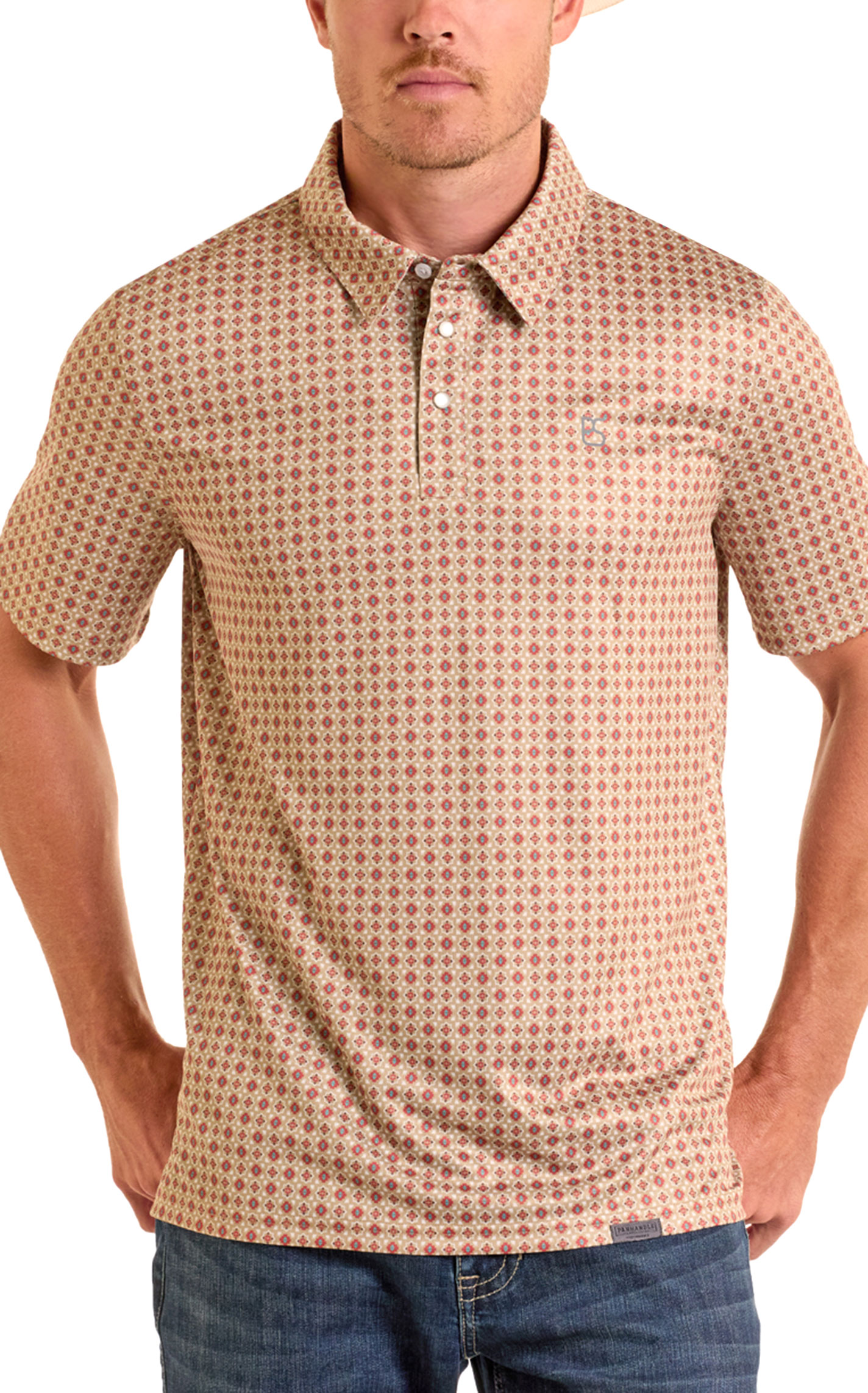 Panhandle Slim Men's Tan & Burgundy Geo Print Performance Polo Shirt - Image 1