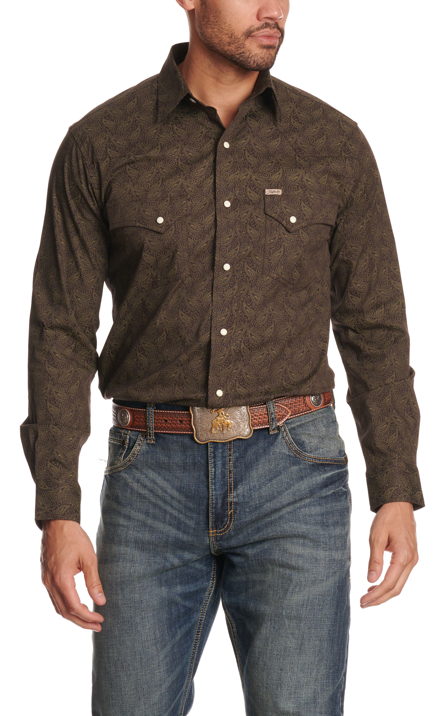 Rafter C Men's Dark Brown & Tan Paisley Print Western Shirt - Image 1