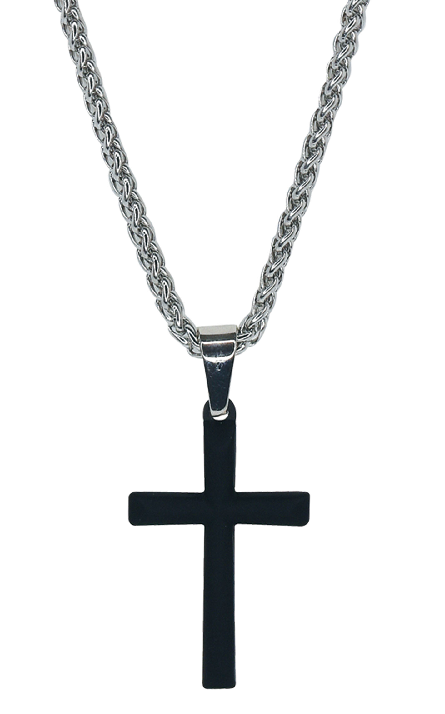 Justin Men's Matte Black Rubber Cross Silver Chained Necklace - Image 1