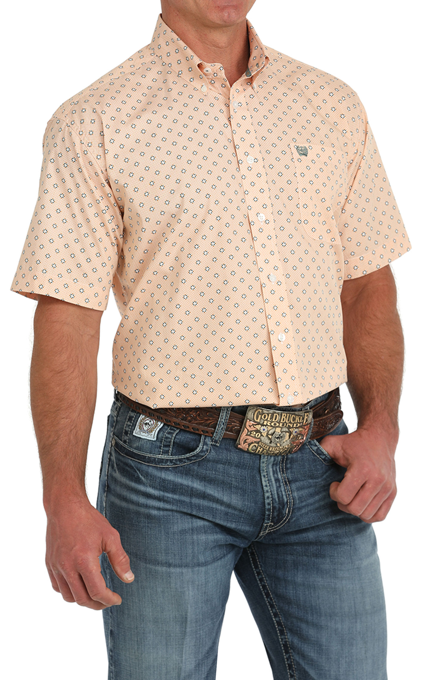 Cinch Men's Peach & Navy Geo Print Western Shirt - Image 1